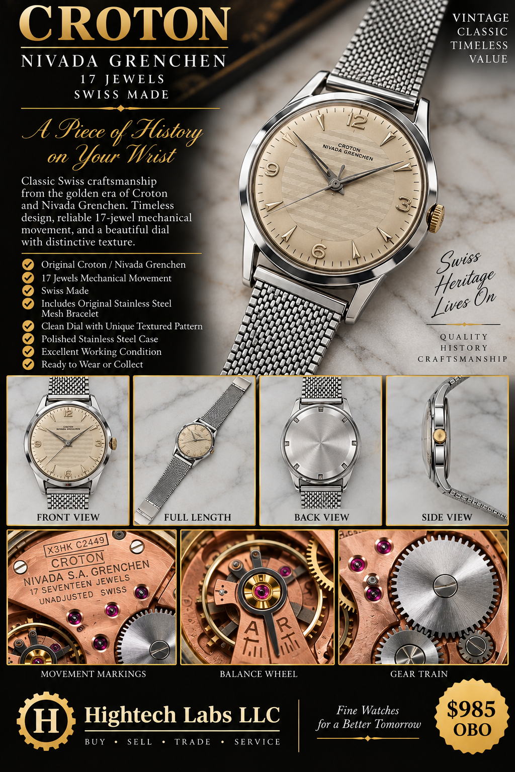 Ultra Thin Vintage Croton Aquamatic Nivada Grenchen Swiss 17-Jewel Mechanical Men’s Watch – Rare inventory # 1184