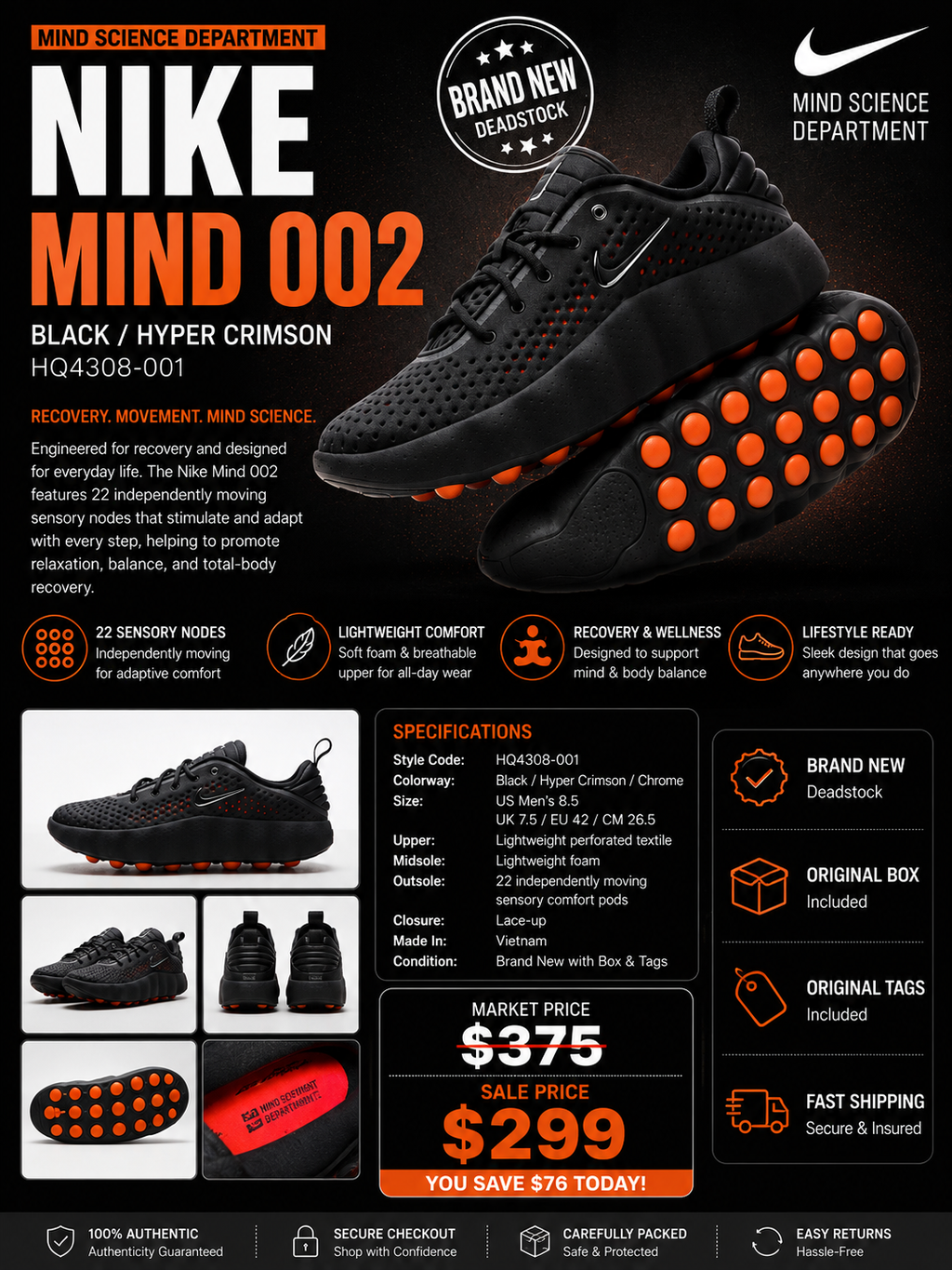 Nike Mind 002 “Black / Hyper Crimson” HQ4308-001 – Men’s US Size 8.5 – Brand New