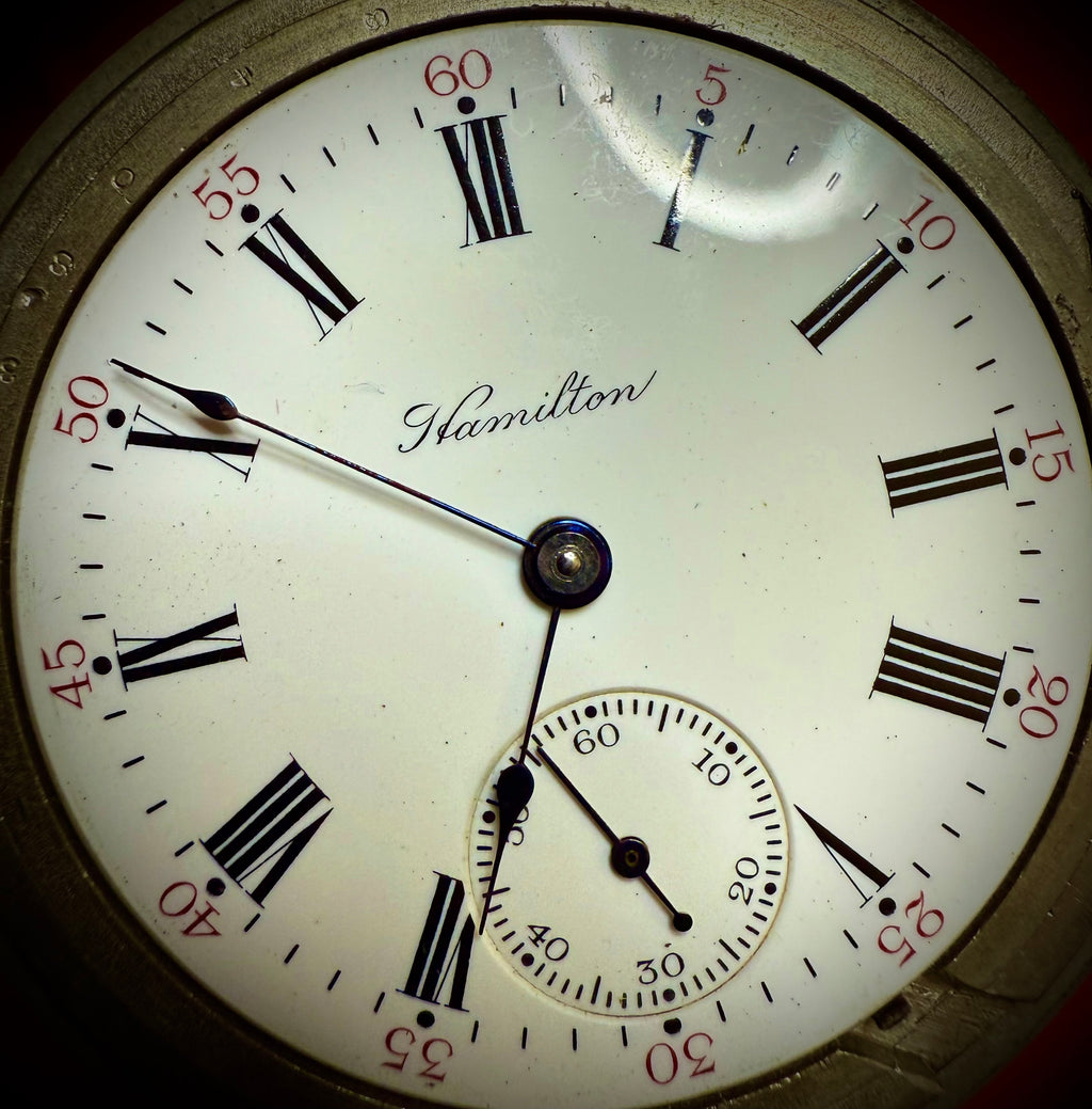R#1417 Antique 1908 Hamilton pocket watch, adjusted movement rail road accuracy grade 974 serial number 660062 Nickel Silver Lancaster Pensilvania case no 0338048