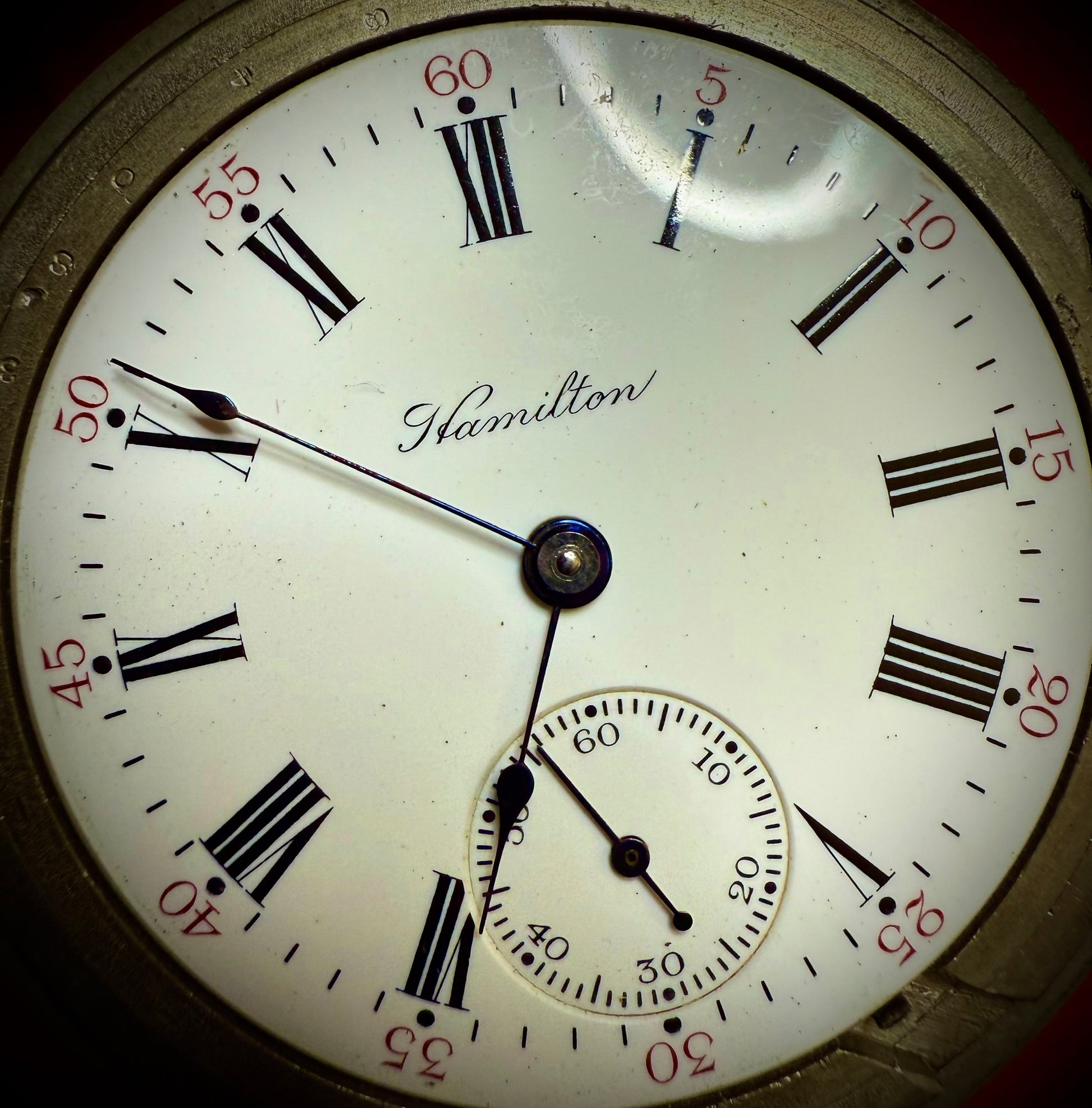 R#1417 Antique 1908 Hamilton pocket watch, adjusted movement rail road accuracy grade 974 serial number 660062 Nickel Silver Lancaster Pensilvania case no 0338048