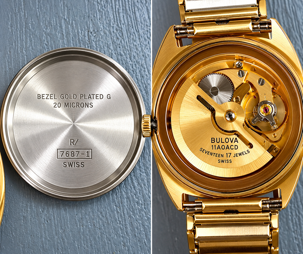 Vintage 1970s Bulova Swiss Automatic Men’s Watch – 17 Jewels – 20 Micron Gold Plated – Ref. 7687-1 Inventory #665