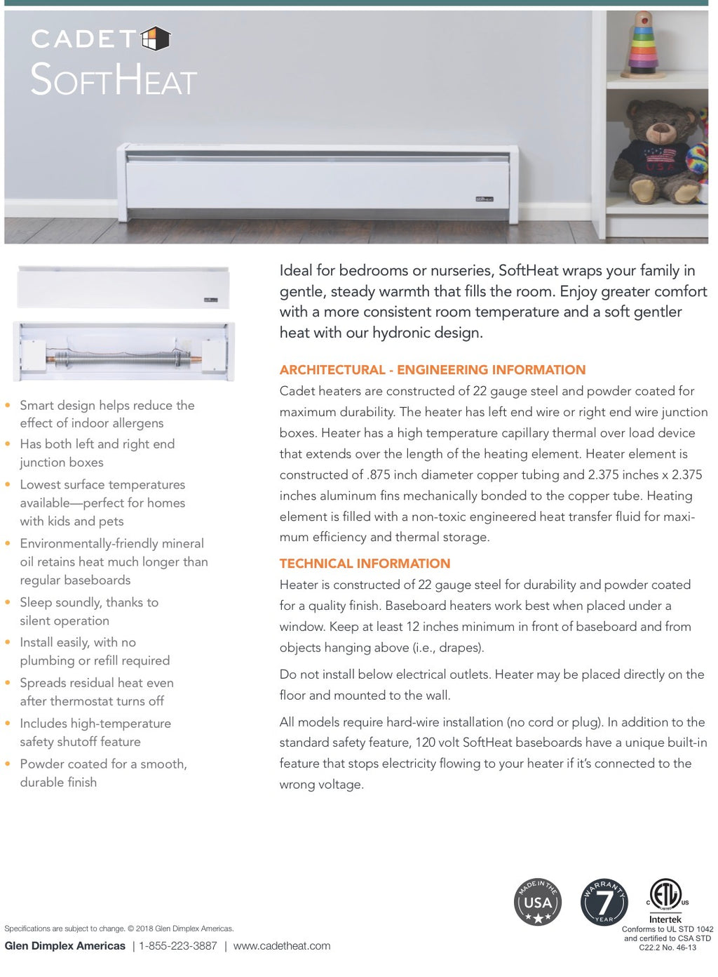 Cadet EBHN1500-1W SoftHeat 83" Hydronic Baseboard Heater, 120V, 1500W, White