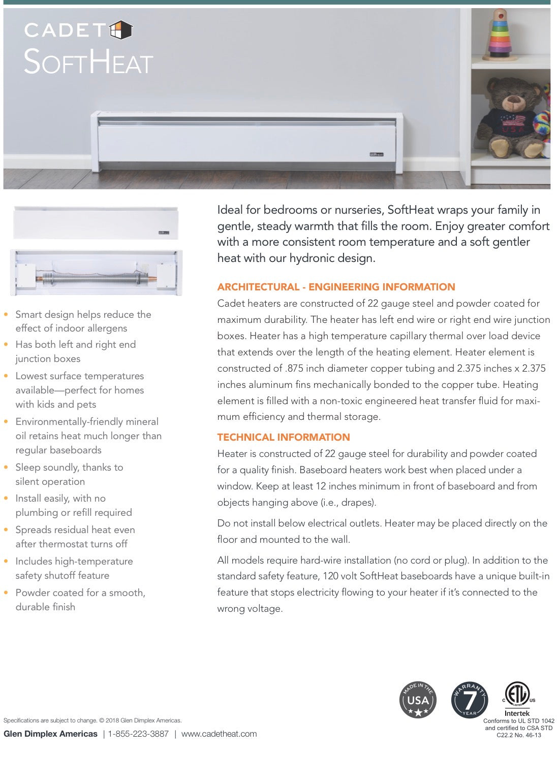 Cadet EBHN1500-1W SoftHeat 83" Hydronic Baseboard Heater, 120V, 1500W, White
