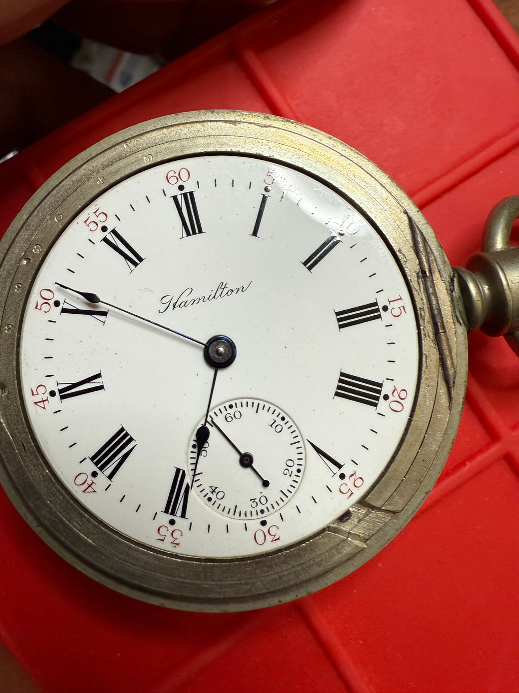 R#1417 Antique 1908 Hamilton pocket watch, adjusted movement rail road accuracy grade 974 serial number 660062 Nickel Silver Lancaster Pensilvania case no 0338048