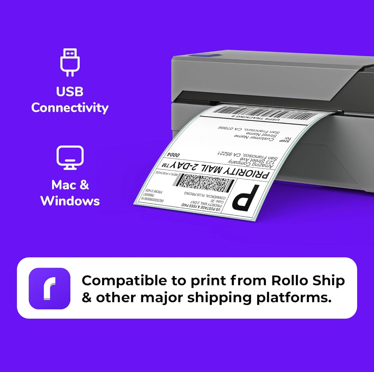 Rollo Shipping Label Printer - Commercial Grade Direct Thermal High Speed Shipping Printer – Compatible with ShipStation- Barcode Printer - 4x6 Printer