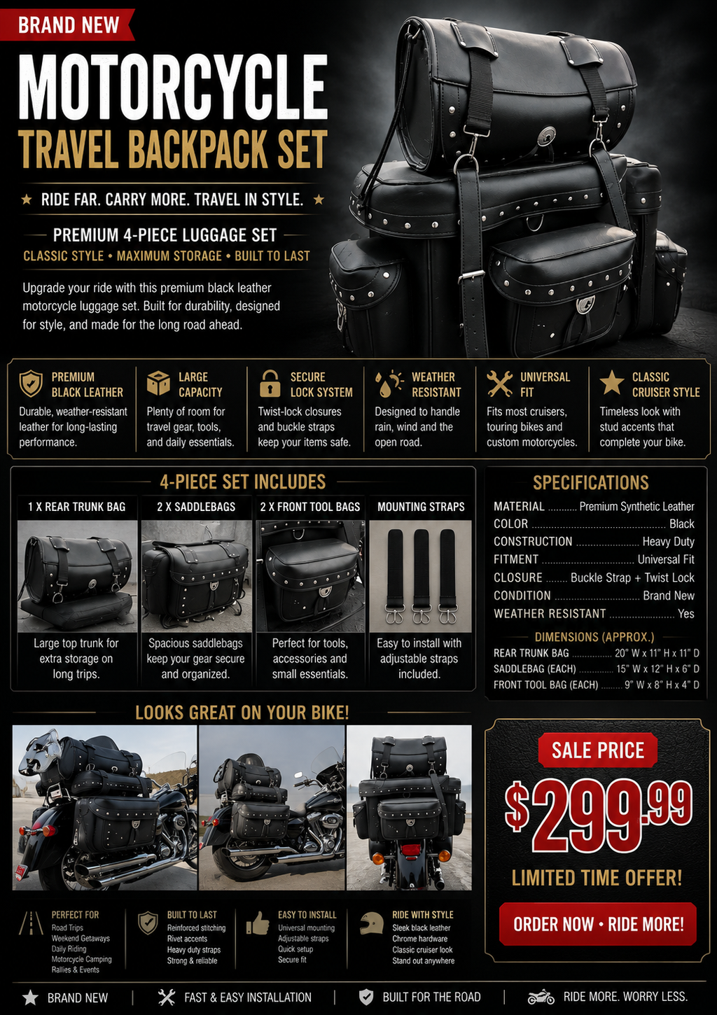 Premium 4-Piece Motorcycle Touring Luggage Set – Black Leather Look