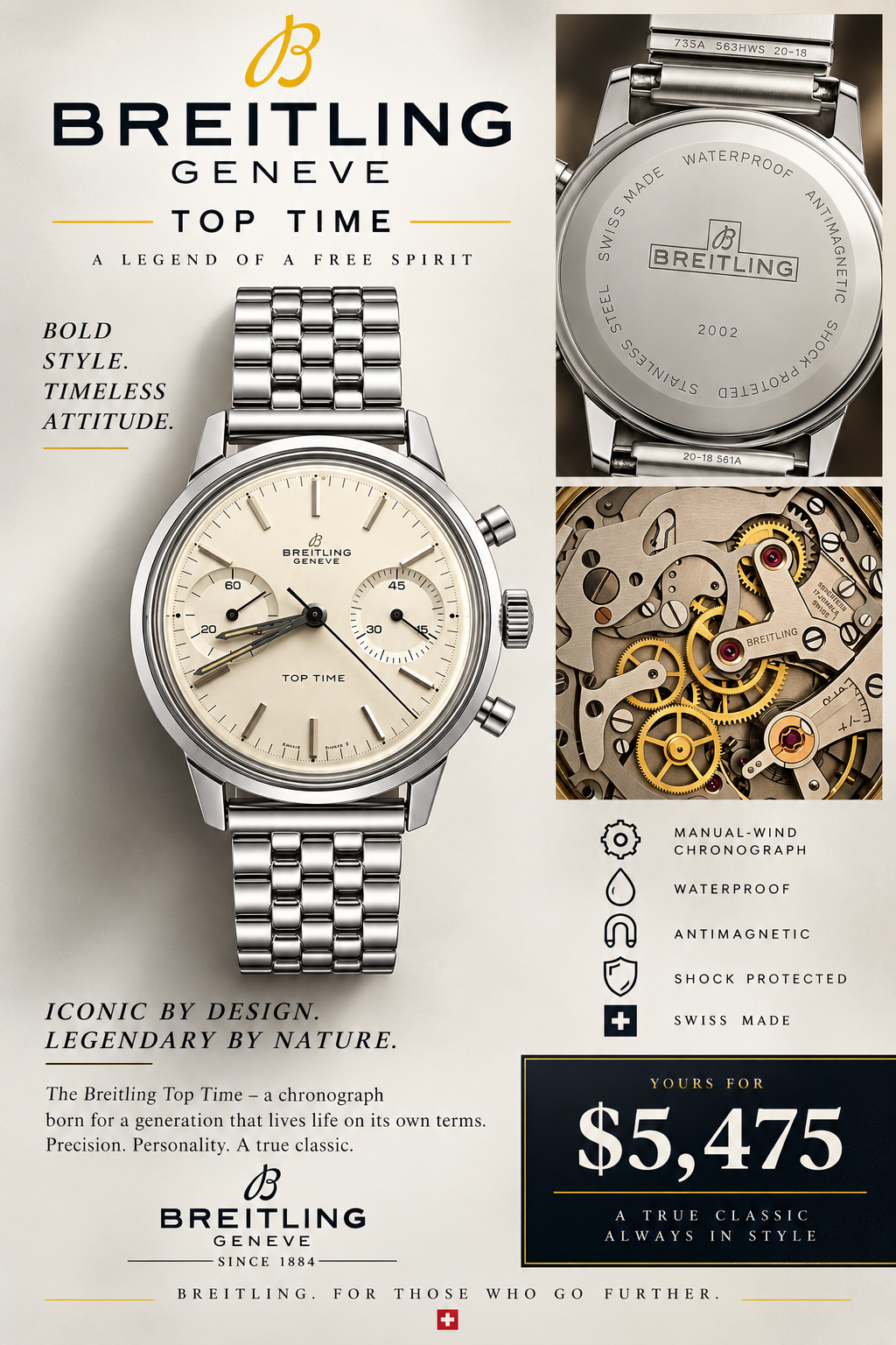 #1374 Vintage Breitling Top Time Ref. 2002 Chronograph – Swiss Manual Wind – Silver Dial – 1960s