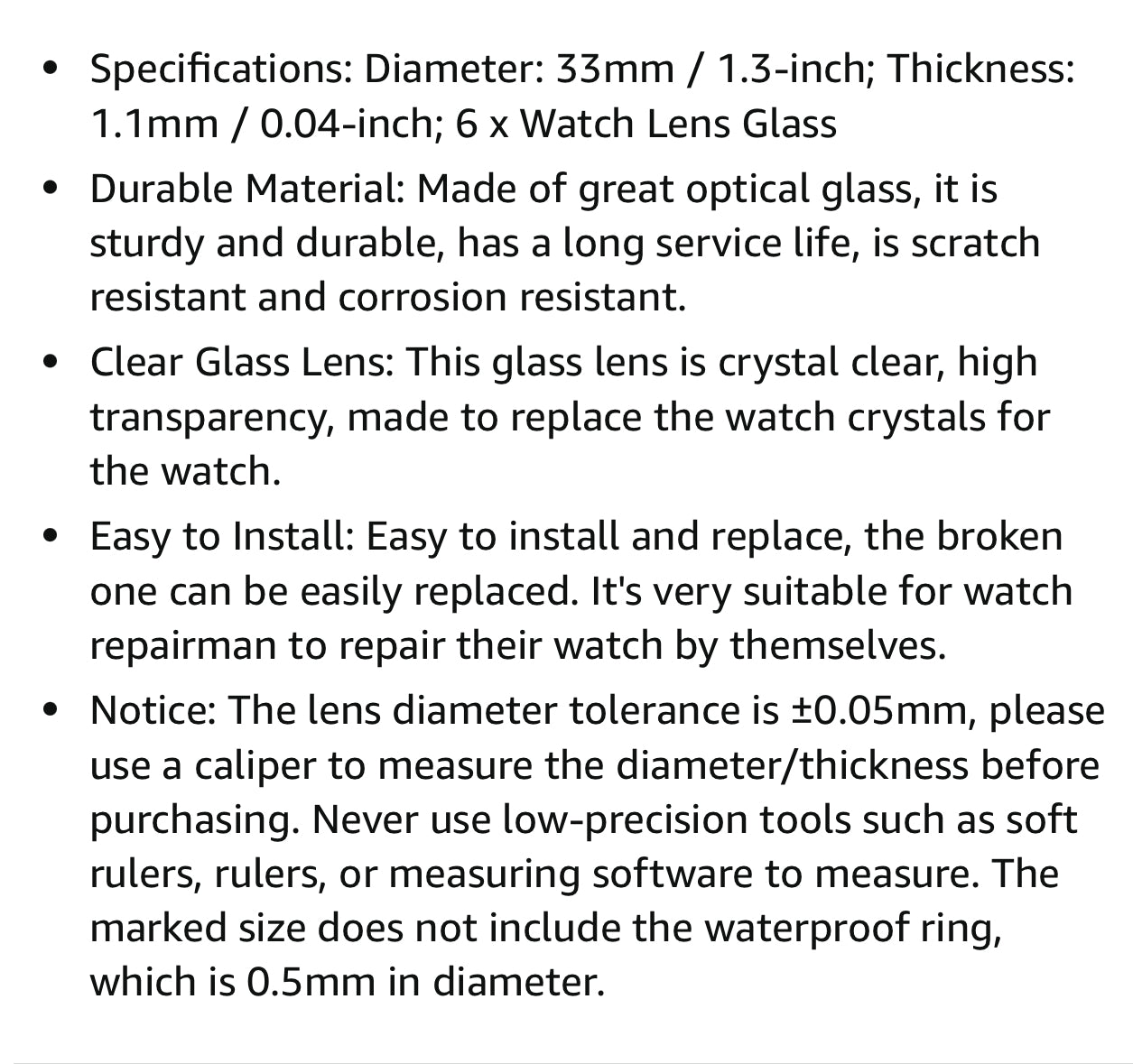 High-Tech Watch Crystal Lens Glass 33mm Dia. Round Flat Mineral ReplacementParts for Watchmaker Repair