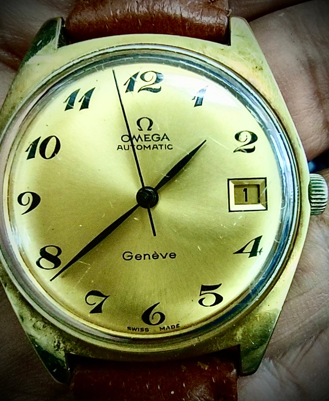 R#1340 1970’s Omega Genève Ref.166.041 Automatic Cal.565 Gold Plated Vintage Watch needs service