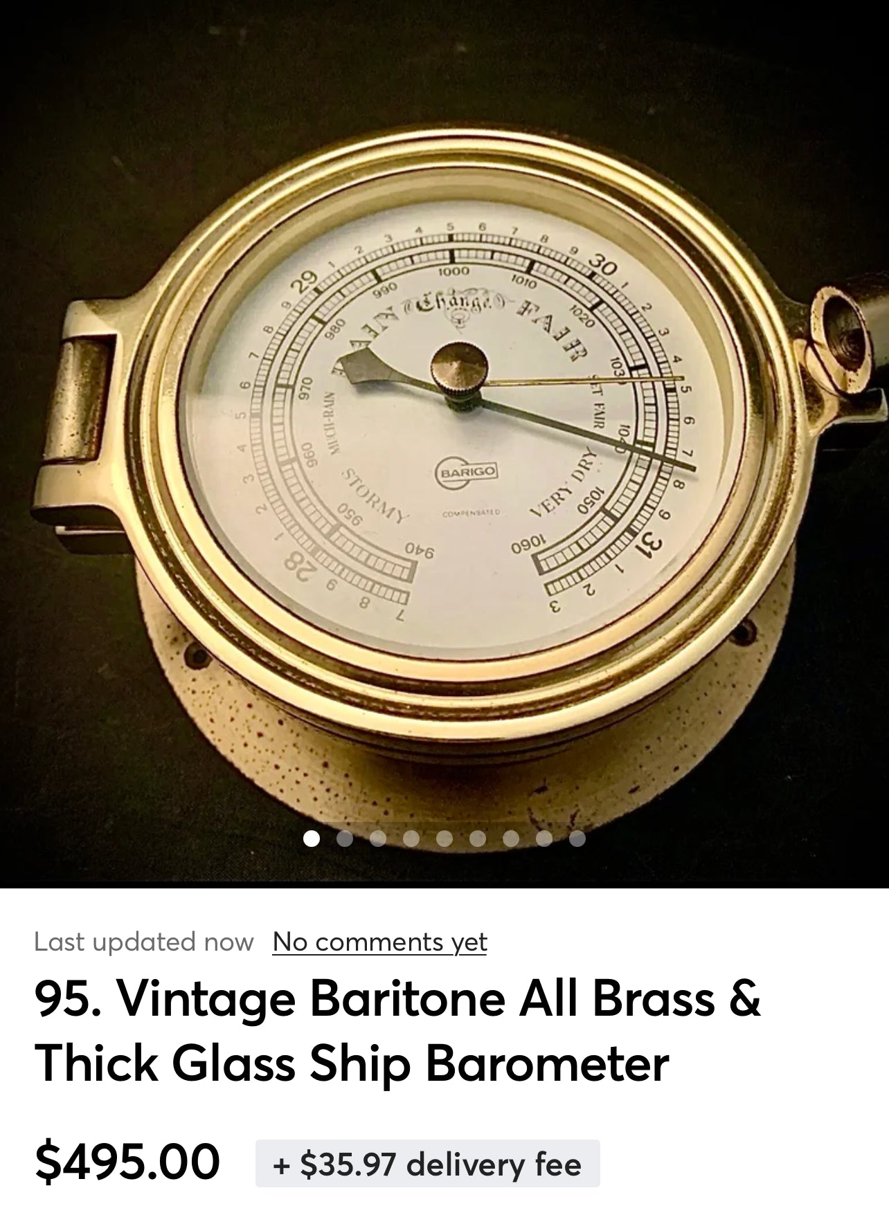 95. Vintage Baritone All Brass & Thick Glass Ship Baromete