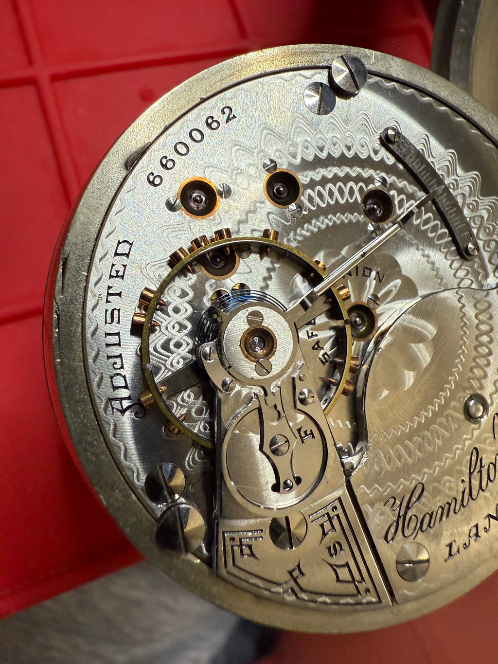 R#1417 Antique 1908 Hamilton pocket watch, adjusted movement rail road accuracy grade 974 serial number 660062 Nickel Silver Lancaster Pensilvania case no 0338048