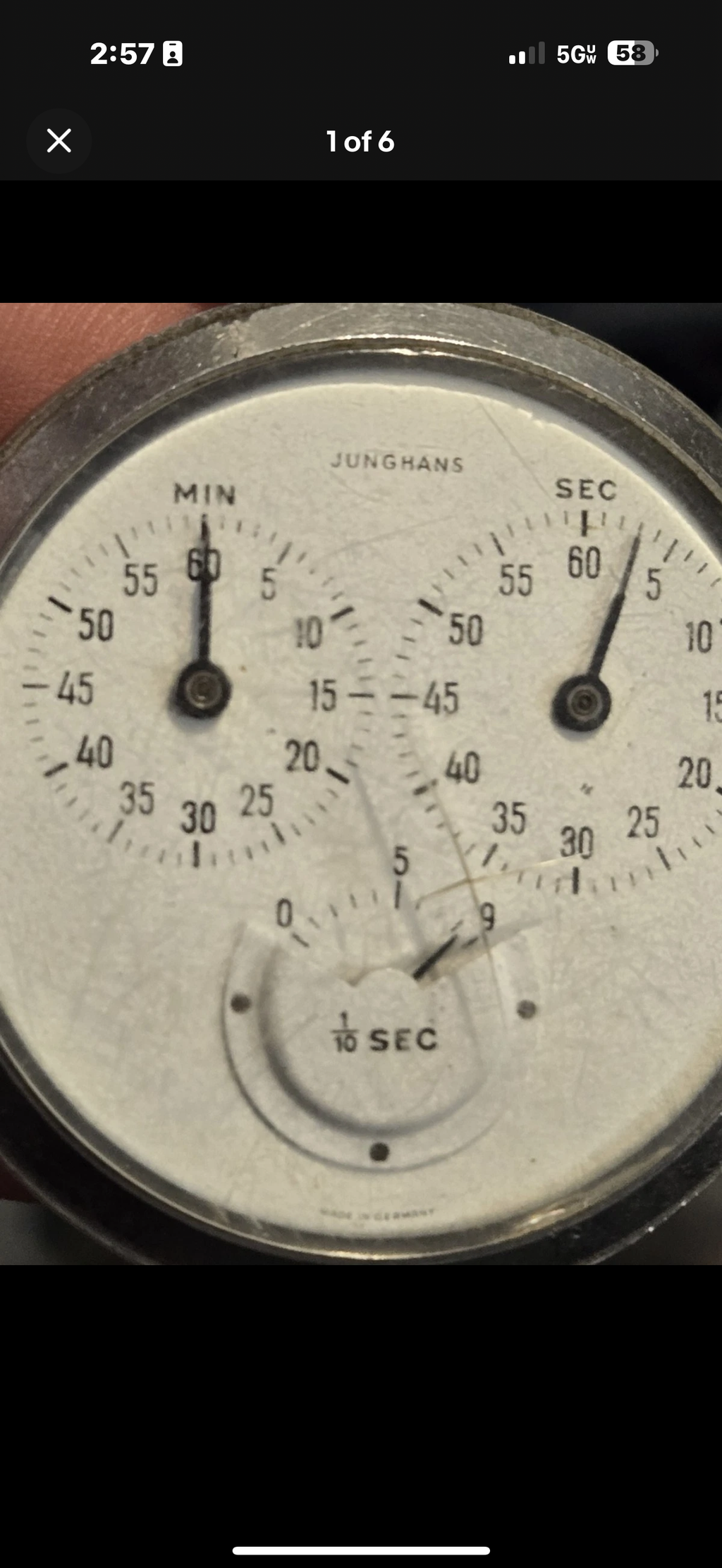 R#1423 Stop Watch Vintage Junghans German 60 Min, Second, 1 10 Dial Scratch On Front Working a bit jamming