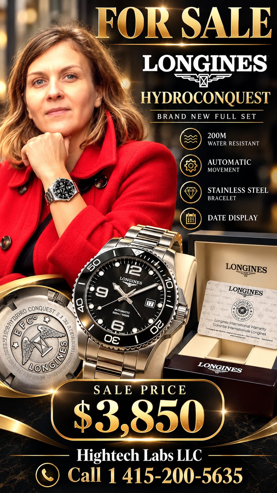Longines HydroConquest 43mm Automatic — Black Dial, Ceramic Bezel & Stainless Steel Bracelet — Brand New Inventory # 731