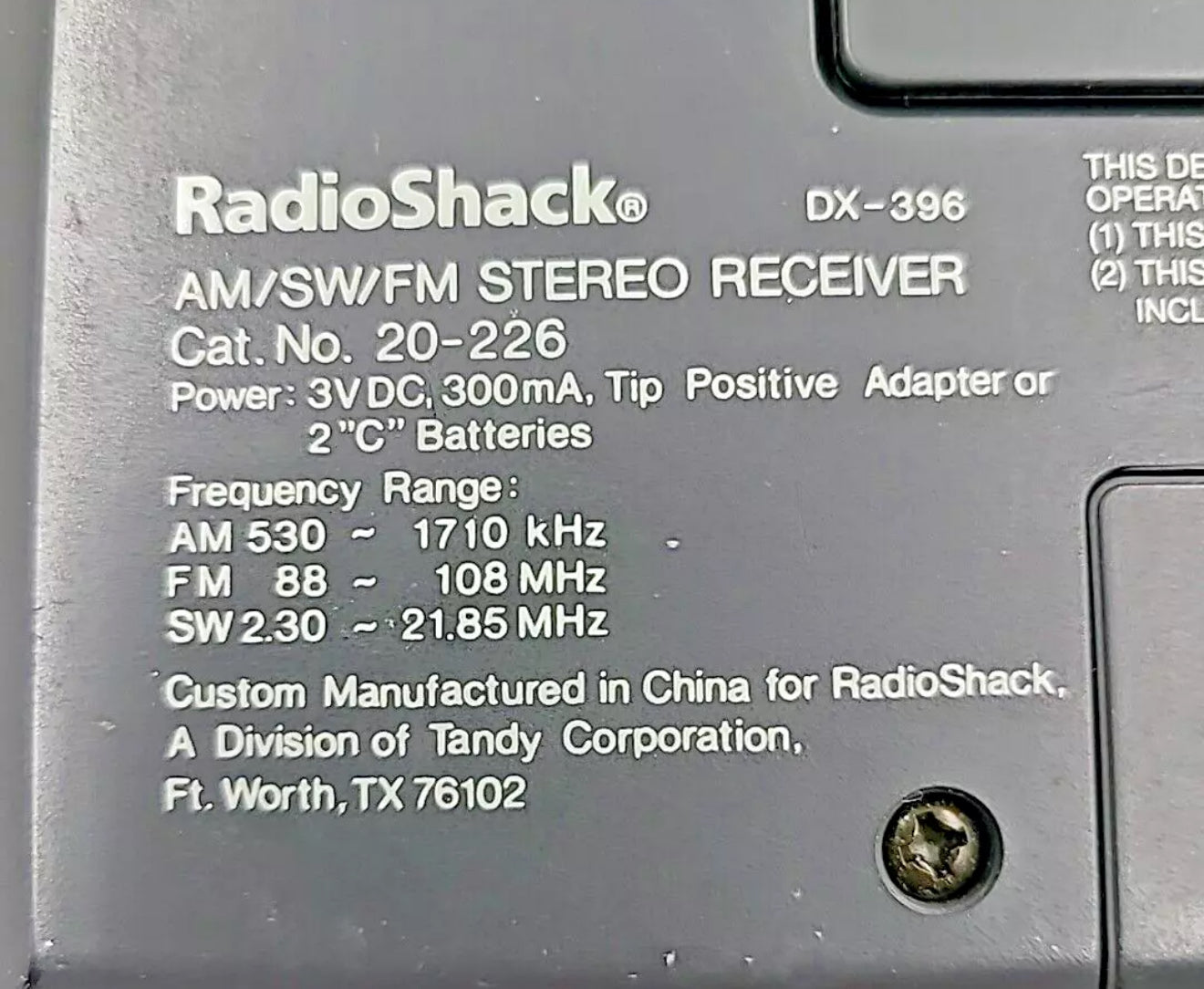Radio Shack DX-396 AM SW FM Stereo Digital Receiver
