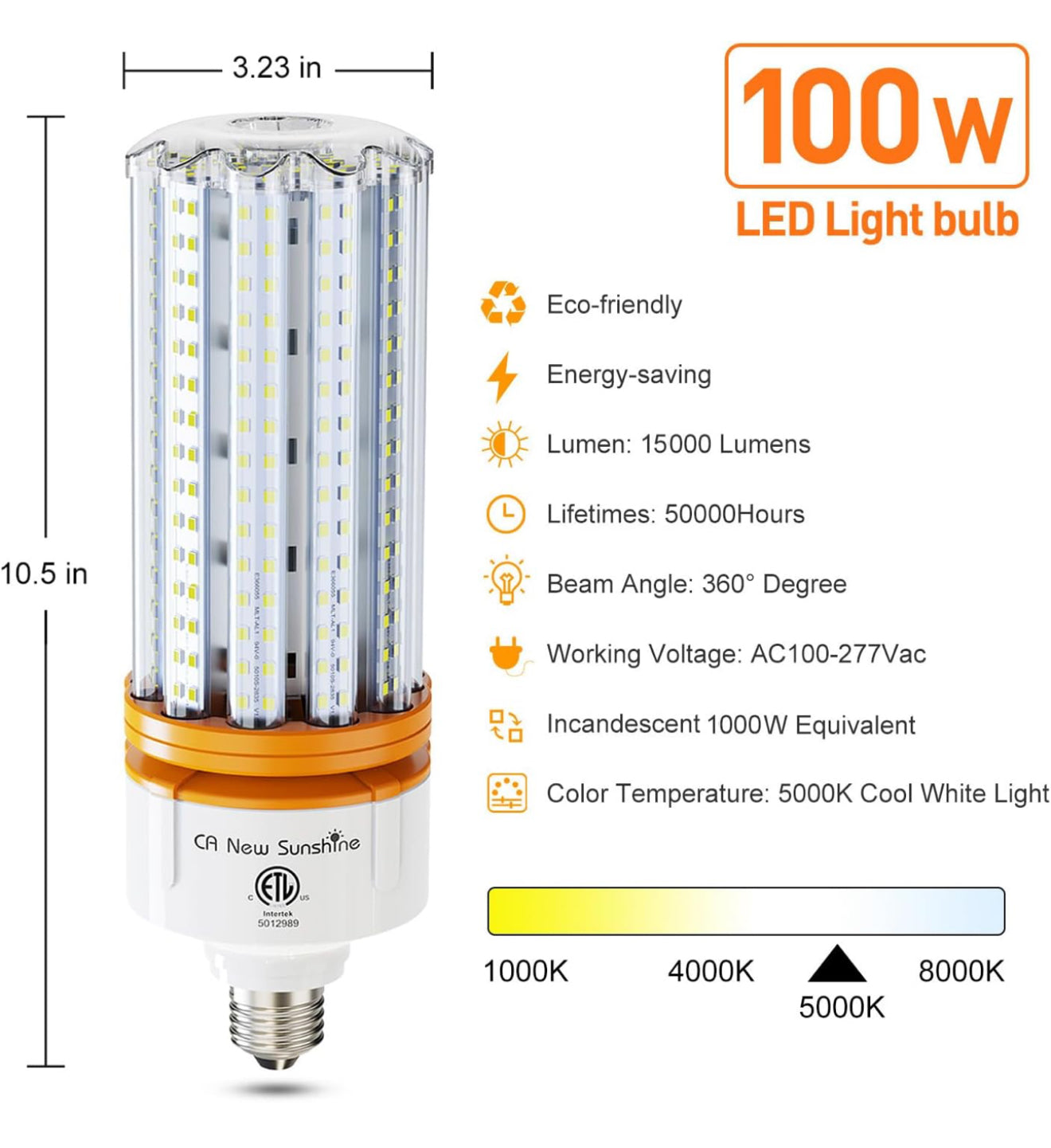 Brand: CA New Sunshine
1000W Equivalent Led Corn Light Bulbs,100W Led Corn Bulb 15000 Lumen, 5000k Daylight White lamp, E26/E39 Medium Mogul Base, Large Area Lights for Outdoor Indoor Garage Warehouse High Bay Lighting