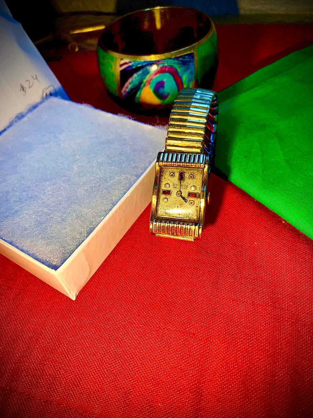 #12 Antiques Bulova 21 jewls 10 K GOLD Filled Diamonds and RUBIES watch