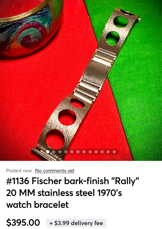 #1136 Fischer bark-finish "Rally" 20 MM stainless steel 1970's watch bracelet