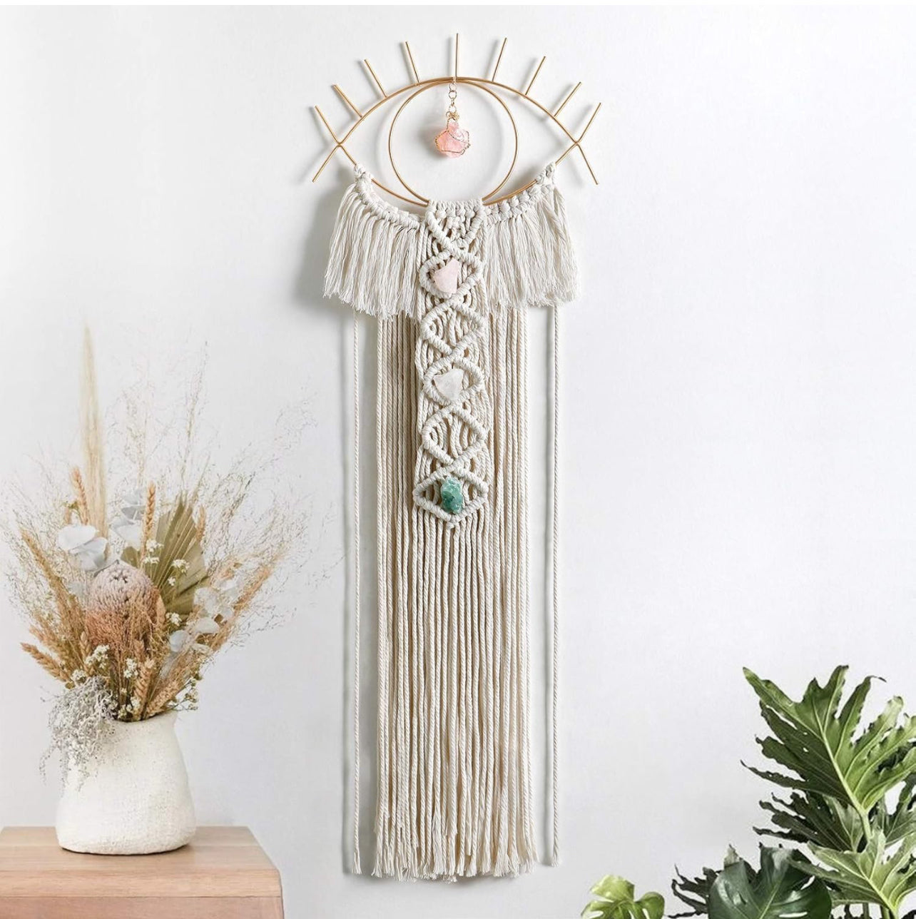 LOMOHOO Macrame Wall Hanging Evil Eye Dream Catcher with Crystal Stone Pendant Boho Woven Macrame for Bedroom Home Decoration BohemianApartment Ornament Craft Gift