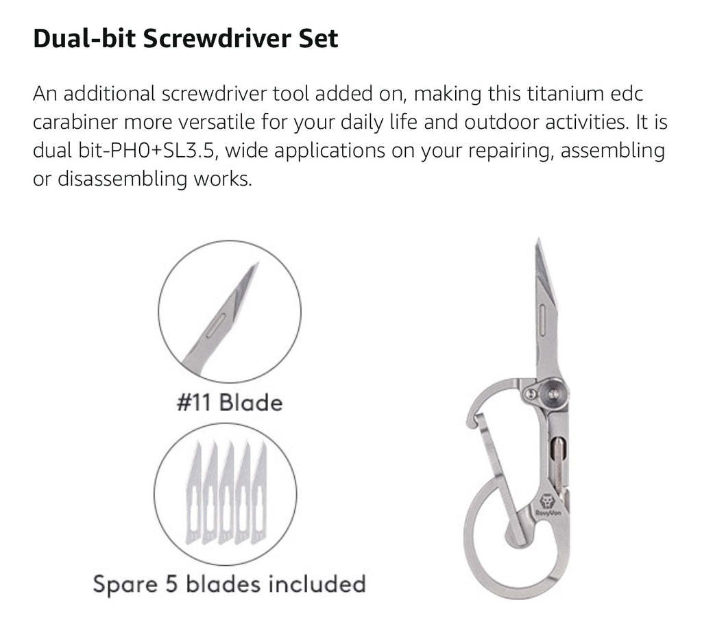 RovyVon U4 Pro+ Plus Titanium Carabiner Clip, Multi Tools Small EDC Carabiner Keychain Hidden Folding Knife and Dual-Bit Screwdriver Set, EDC Gear Gadget for Men Outdoor Daily Carry