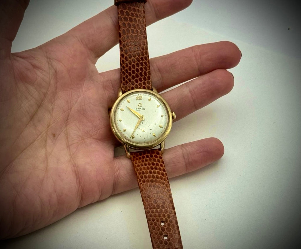 #881A VINTAGE MENS 17J 1950 OMEGA BUMPER AUTOMATIC CAL. 342 SERVICED  14K GF