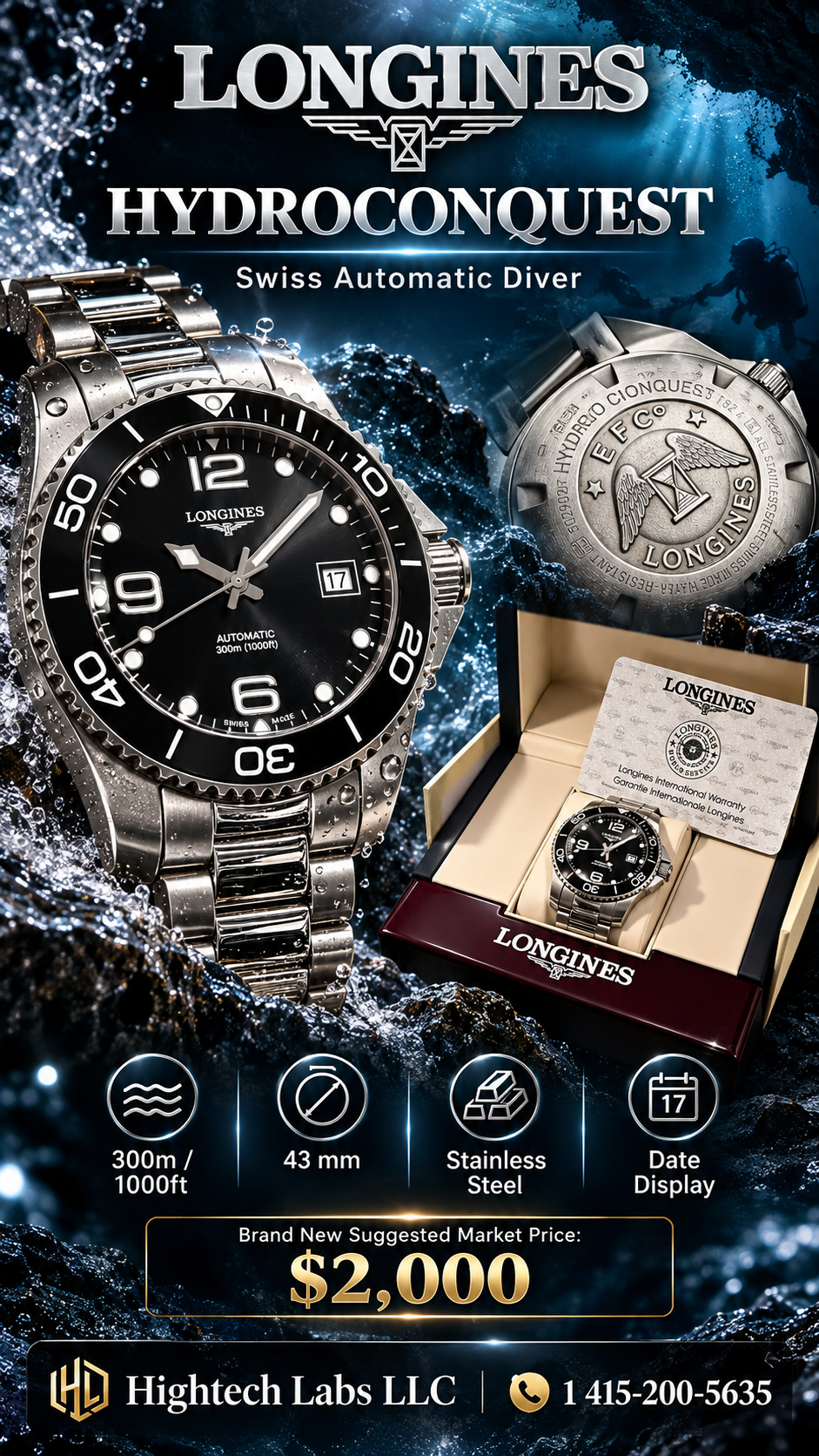 Longines HydroConquest 43mm Automatic — Black Dial, Ceramic Bezel & Stainless Steel Bracelet — Brand New Inventory # 731