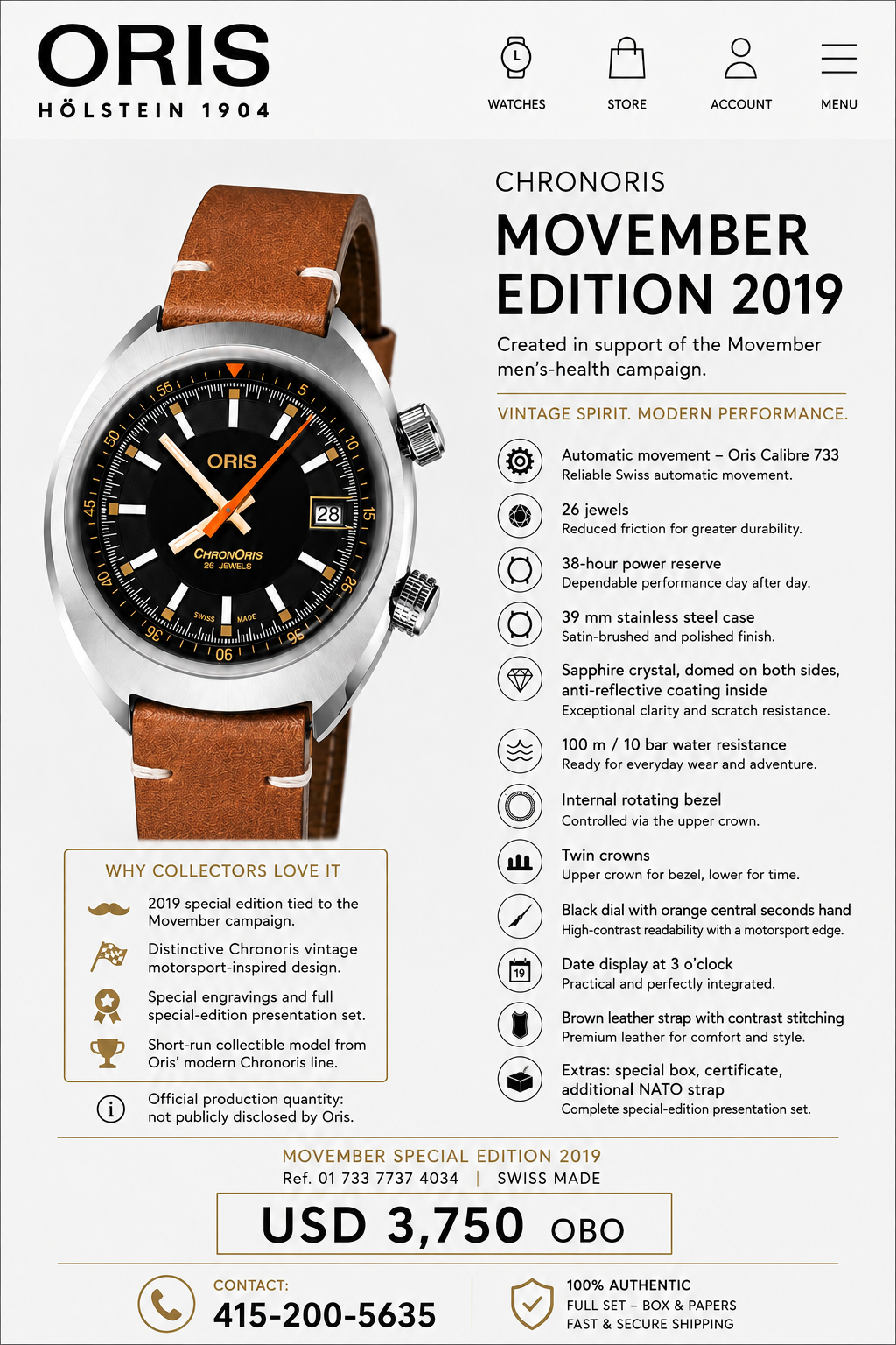 ORIS Chronoris Movember Edition 2019 – Calibre 733 – Full Set – Brand New – Ref. 01 733 7737 4034 inventory # 618