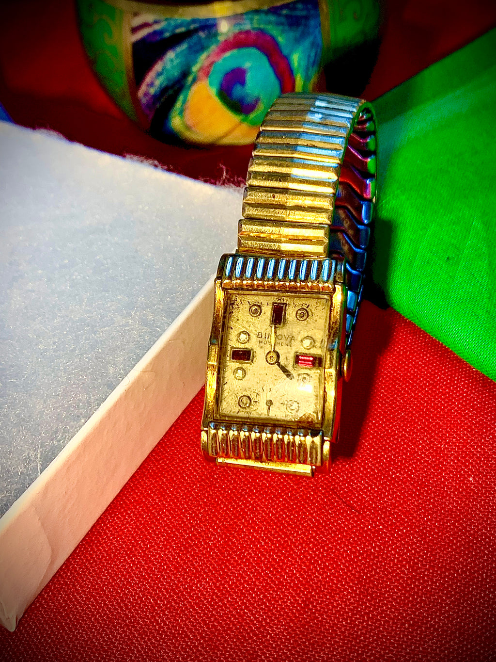 #12 Antiques Bulova 21 jewls 10 K GOLD Filled Diamonds and RUBIES watch