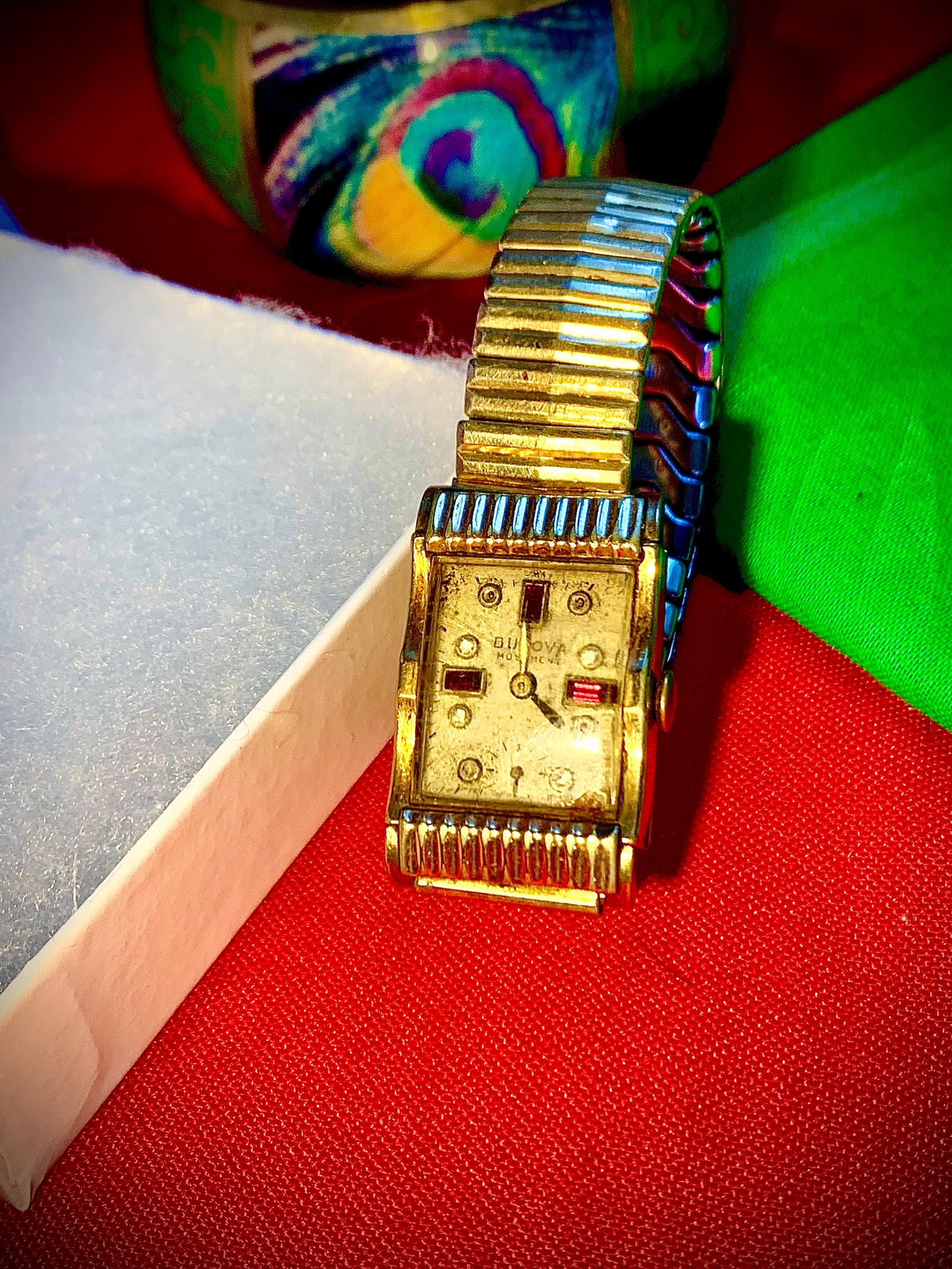 #12 Antiques Bulova 21 jewls 10 K GOLD Filled Diamonds and RUBIES watch