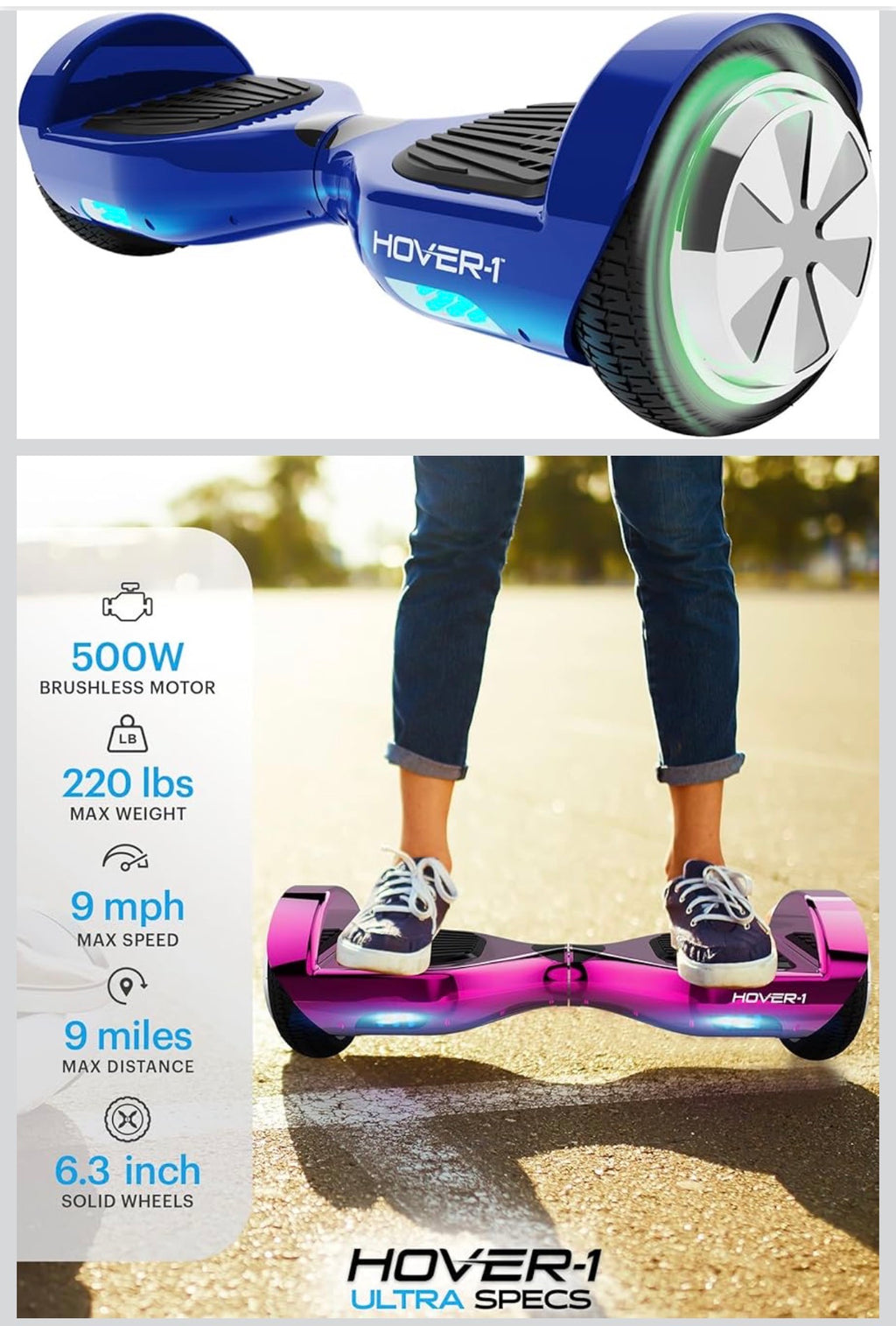 Hover-1 Ultra Electric Self Balancing Scooter with 9MPH Top Speed, 9 Mile Range, 400W Motor, Long Lasting Li-Ion Battery, 5HR Full Charge, Rider Modes Beginner to Expert Blue