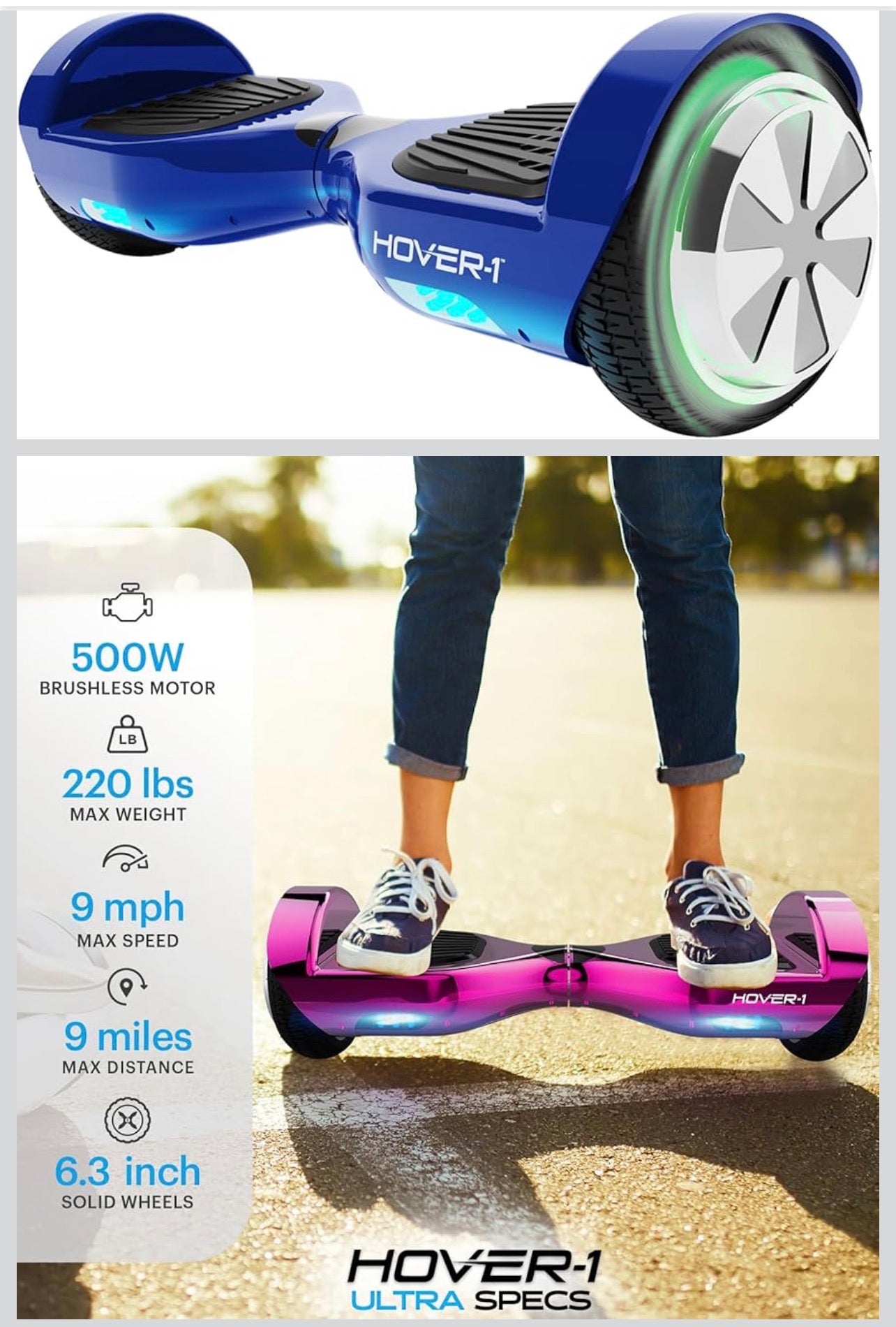 Hover-1 Ultra Electric Self Balancing Scooter with 9MPH Top Speed, 9 Mile Range, 400W Motor, Long Lasting Li-Ion Battery, 5HR Full Charge, Rider Modes Beginner to Expert Blue
