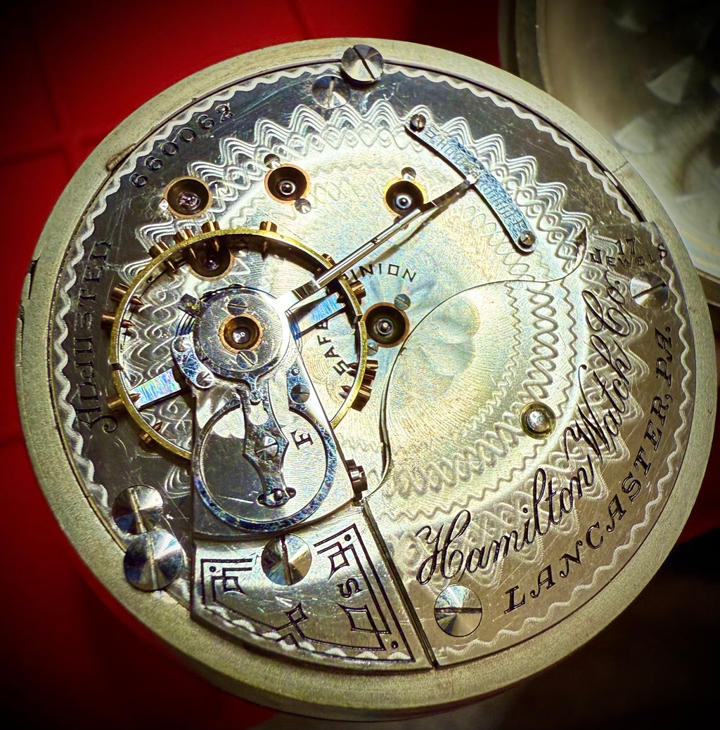 R#1417 Antique 1908 Hamilton pocket watch, adjusted movement rail road accuracy grade 974 serial number 660062 Nickel Silver Lancaster Pensilvania case no 0338048