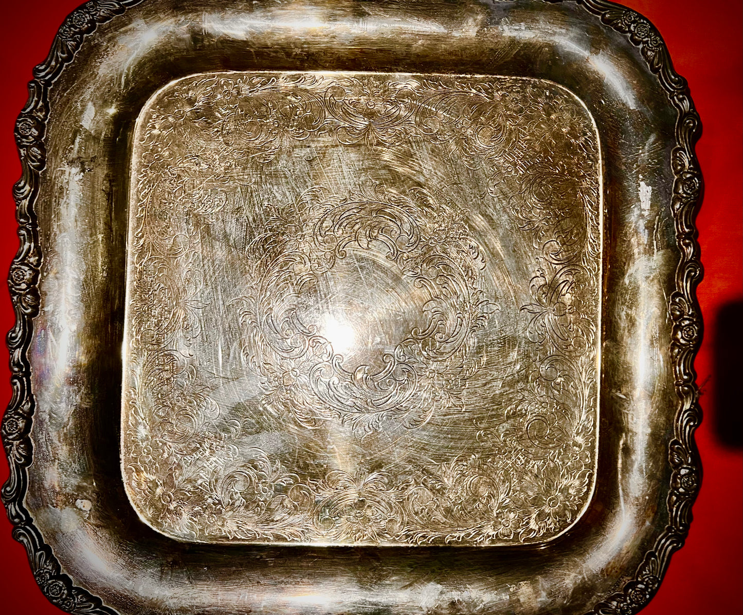 #001 Vintage ONEIDA SILVER PLATED SERVING TRAY-SQUARE SHAPE-Scrolled Edges-15 USA