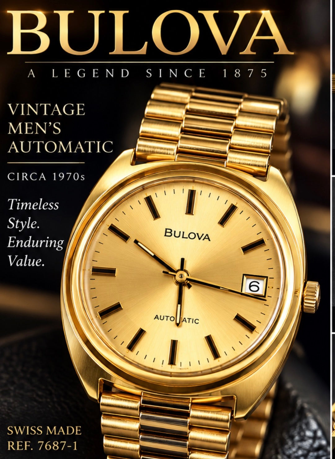 Vintage 1970s Bulova Swiss Automatic Men’s Watch – 17 Jewels – 20 Micron Gold Plated – Ref. 7687-1 Inventory #665