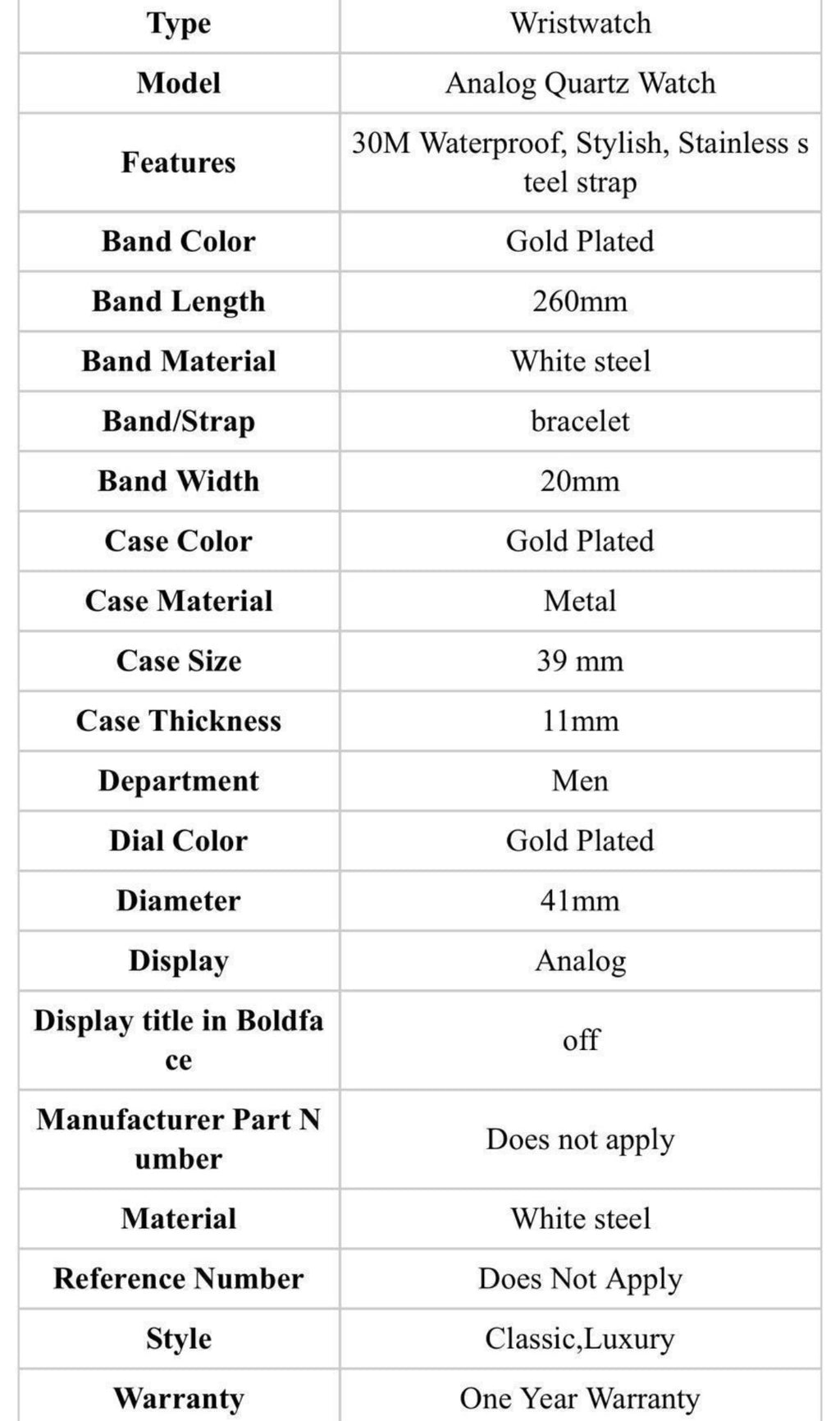 #1042 Waterproof Gold-plated Men's Watch Classic Stainless Steel beautiful