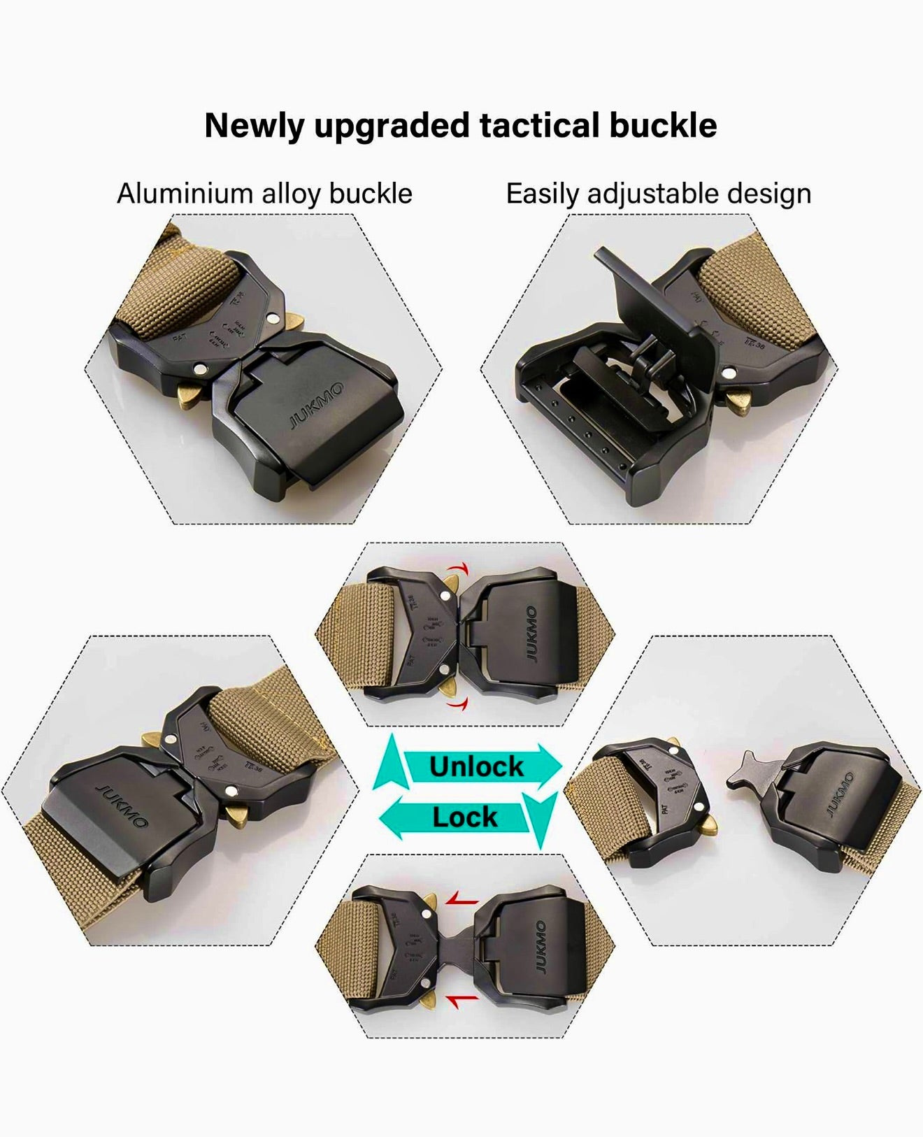 JUKMO Tactical Belt, Military Hiking Rigger 1.5" Nylon Web Work Belt with Heavy Duty Quick Release Buckle