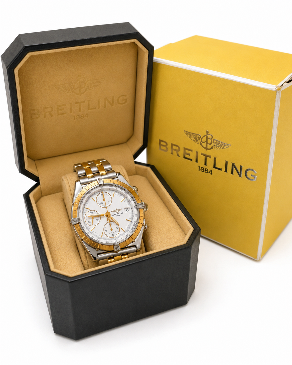 #728 Breitling Chronomat B13352 Automatic Chronograph – 18K Gold Bezel & Two-Tone Pilot Bracelet – Box Included