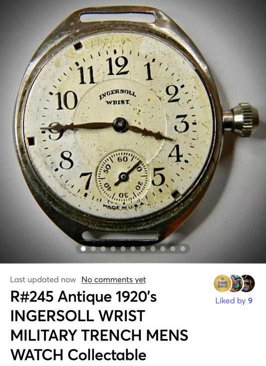 R#245 Antique 1920's INGERSOLL WRIST MILITARY TRENCH MENS WATCH Collectable