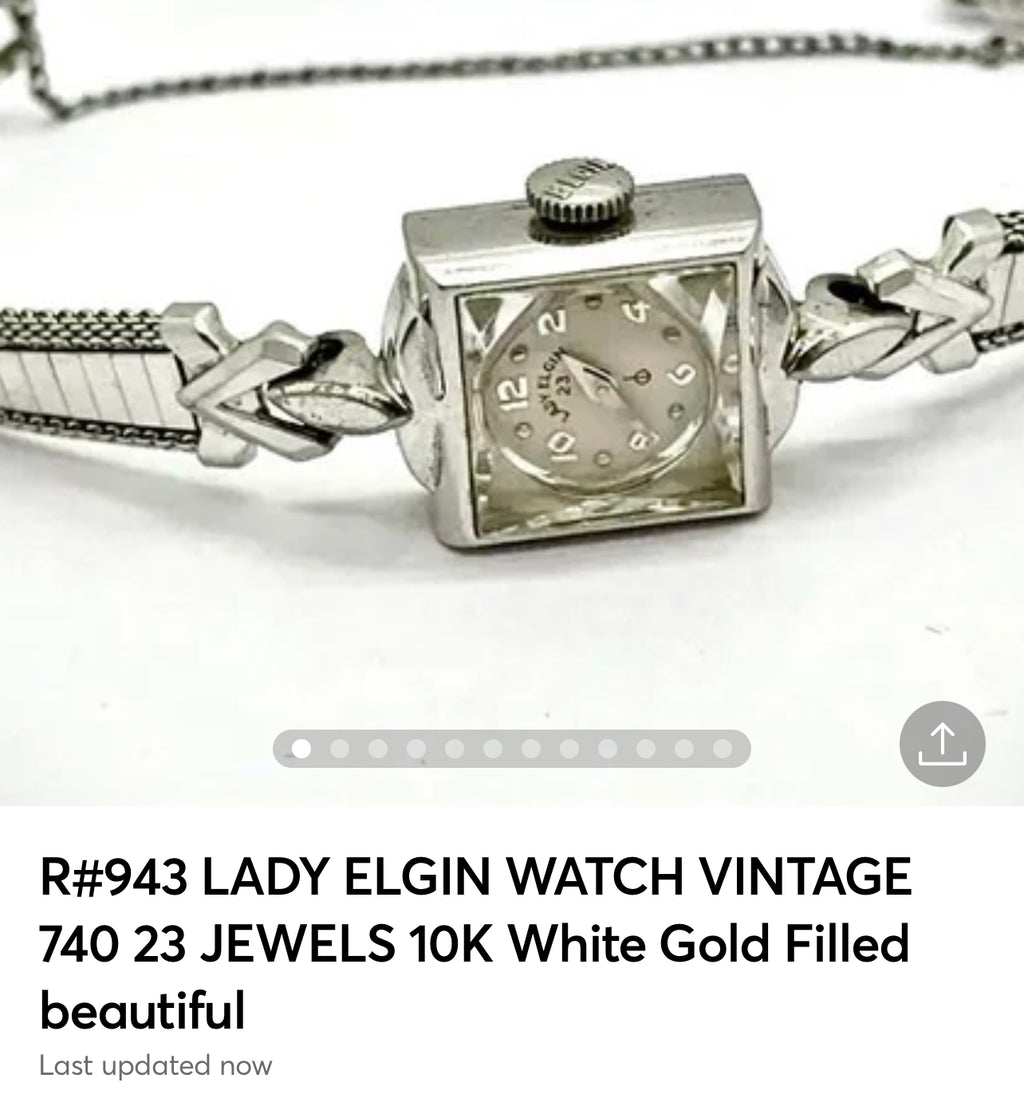 #943 LADY ELGIN WATCH VINTAGE 740 23 JEWELS 10K White Gold Filled serviced