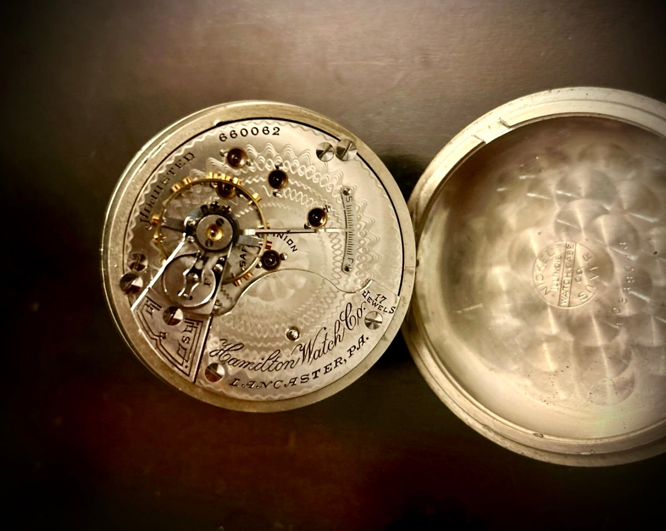 R#1417 Antique 1908 Hamilton pocket watch, adjusted movement rail road accuracy grade 974 serial number 660062 Nickel Silver Lancaster Pensilvania case no 0338048