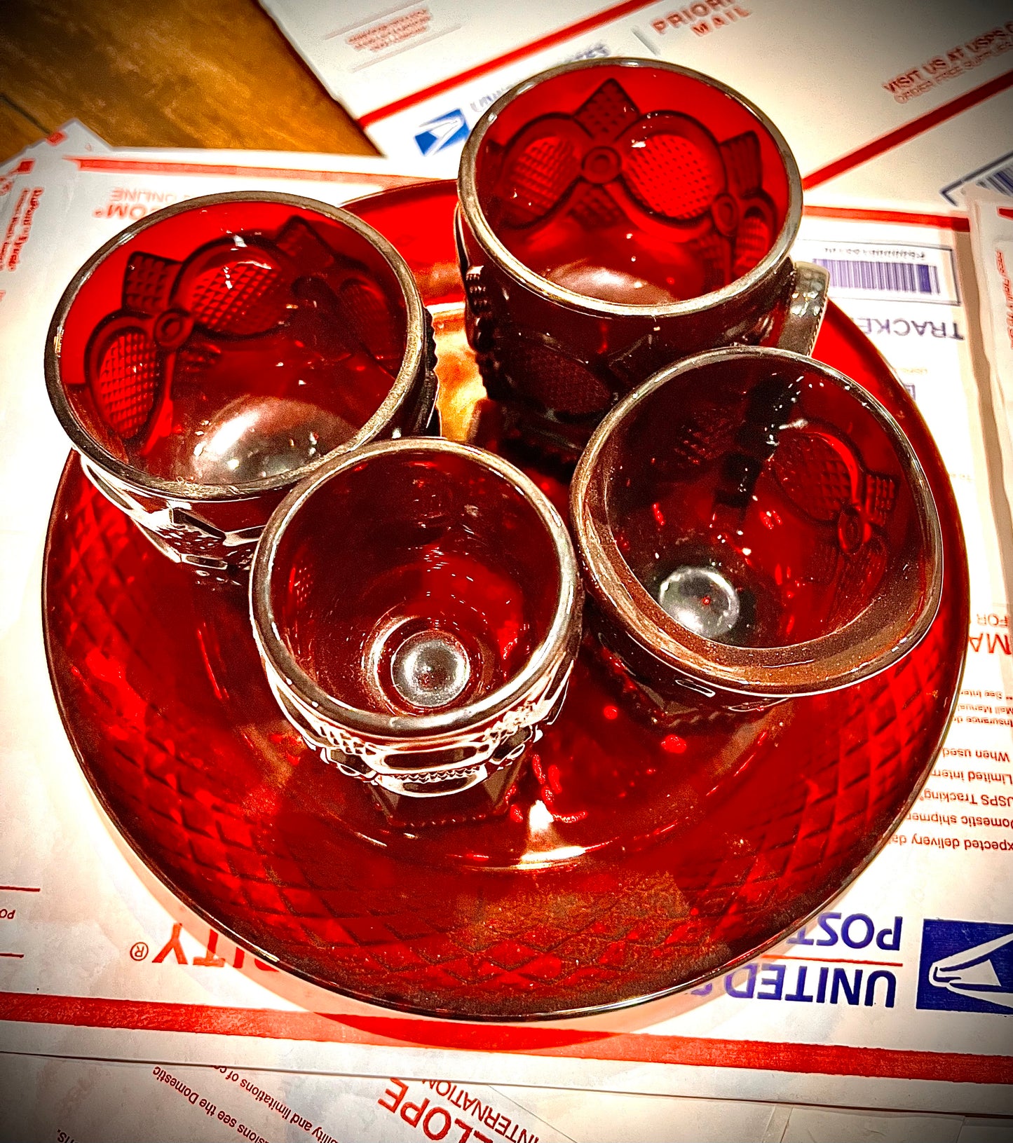 VINTAGE RUBY RED DEPRESSION GLASS Tea Cup Set of 5