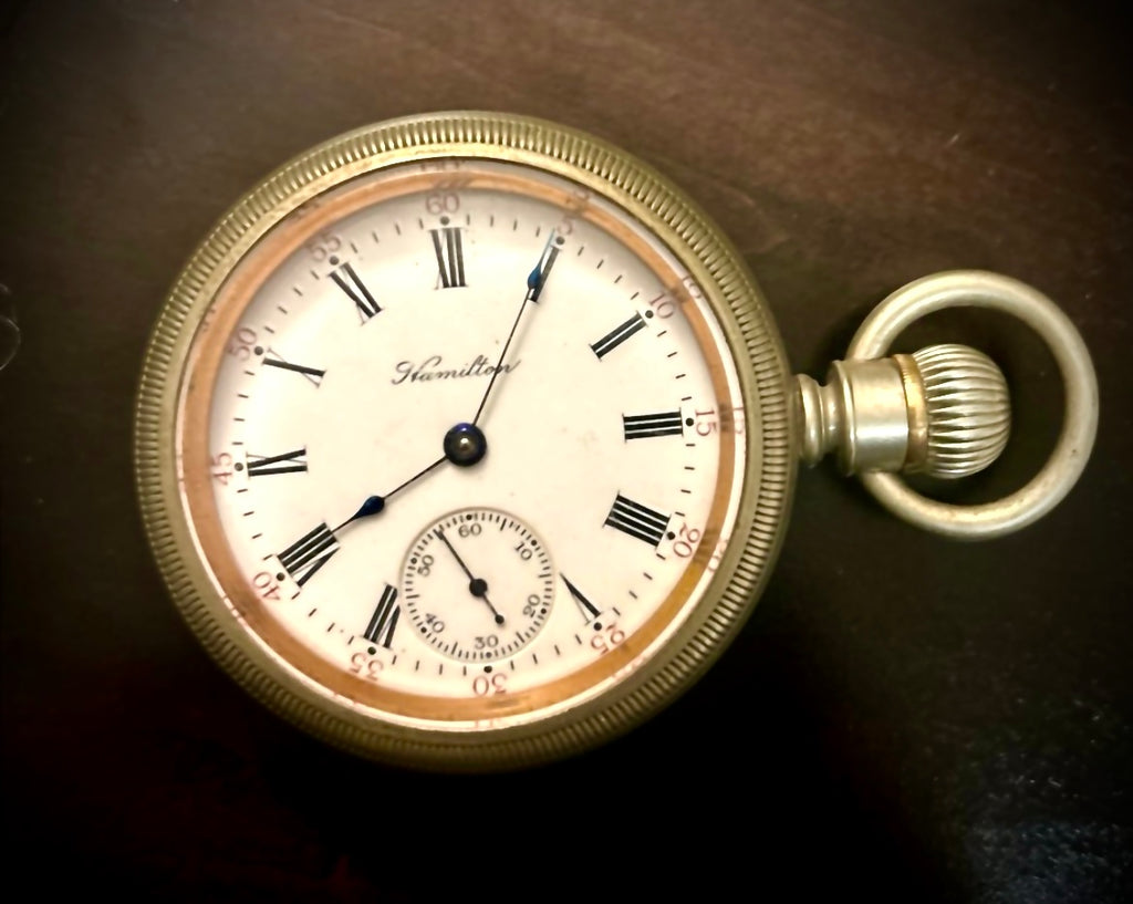 R#1417 Antique 1908 Hamilton pocket watch, adjusted movement rail road accuracy grade 974 serial number 660062 Nickel Silver Lancaster Pensilvania case no 0338048