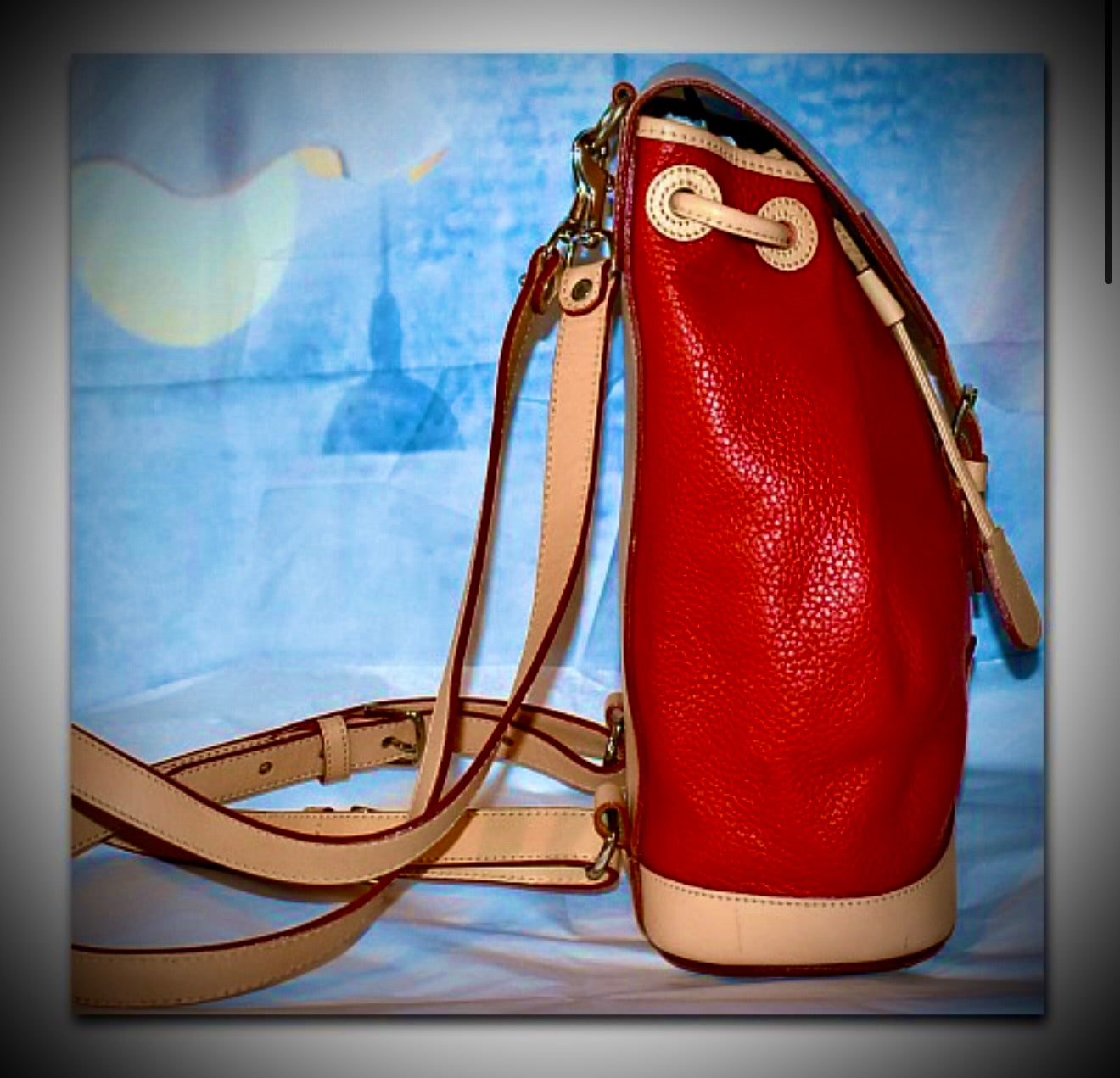 Candy Apple Red All Weather Leather Dooney Backpack Red and Beige beautiful Two tone Made in USA