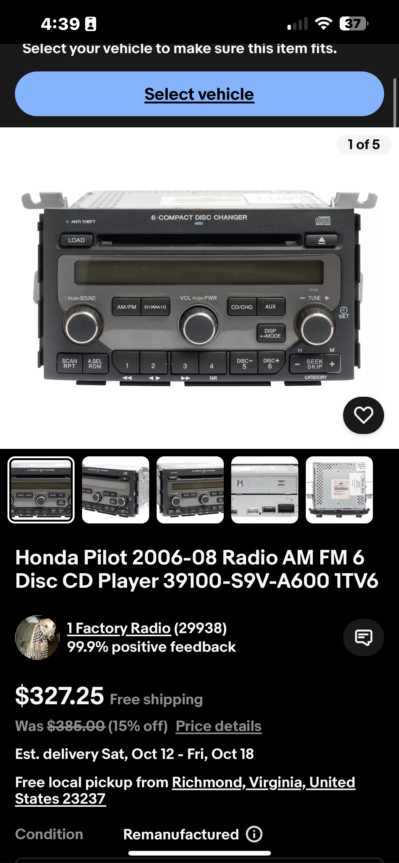 Honda Pilot 2006-08 Radio AM FM 6 Disc CD Player 39100-S9V-A600 1TV6