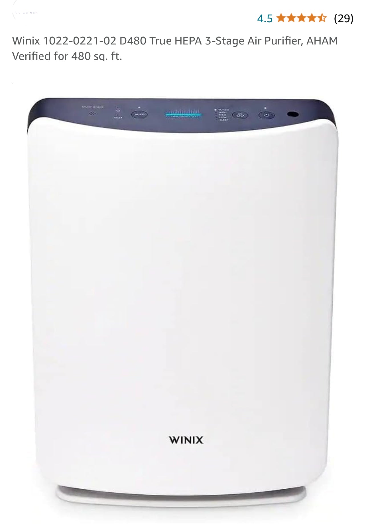 Winix 1022-0221-02 D480 True HEPA 3-Stage Air Purifier, AHAM Verified for 480 sq. ft.