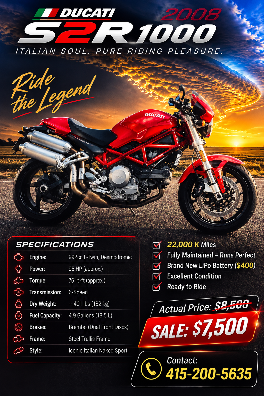 2008 Ducati Monster S2R 1000 – 22K Miles – Fully Maintained ready to Ride
