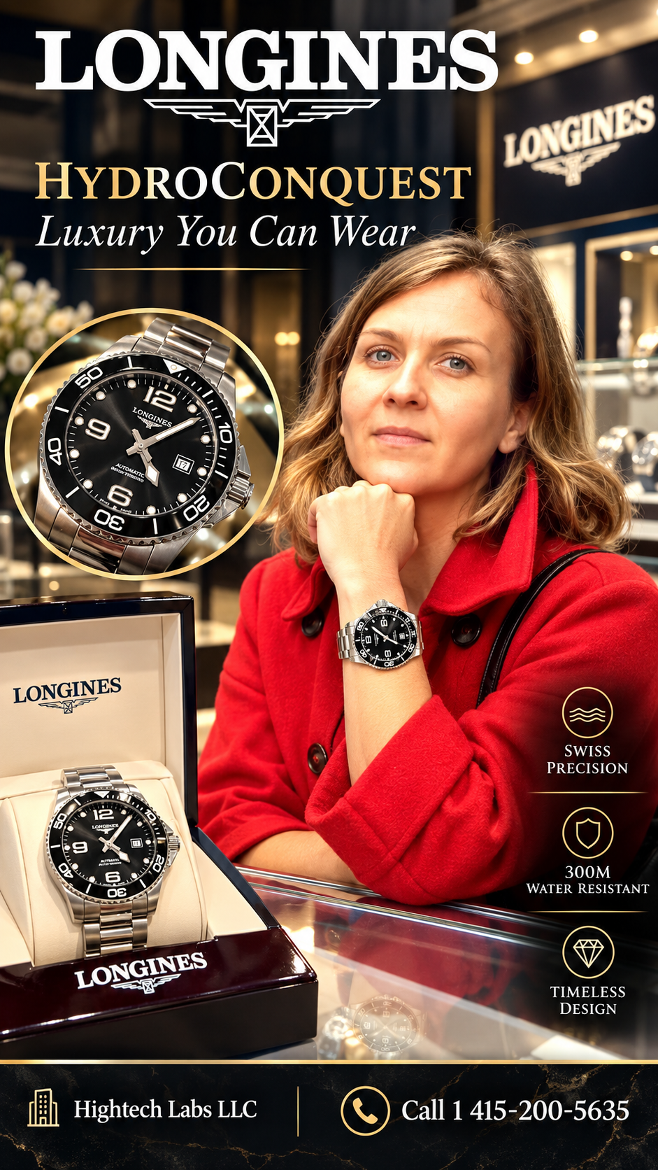 Longines HydroConquest 43mm Automatic — Black Dial, Ceramic Bezel & Stainless Steel Bracelet — Brand New Inventory # 731