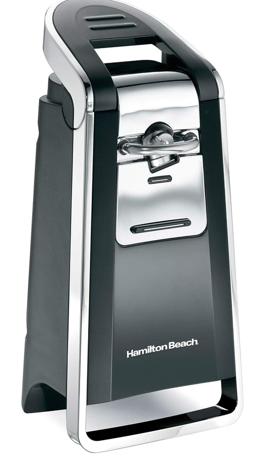 Hamilton Beach Smooth Touch Electric Automatic Can Opener with Easy Push Down Lever, Opens All Standard-Size and Pop-Top Cans, Extra Tall, Plastic Metal, Black and Chrome