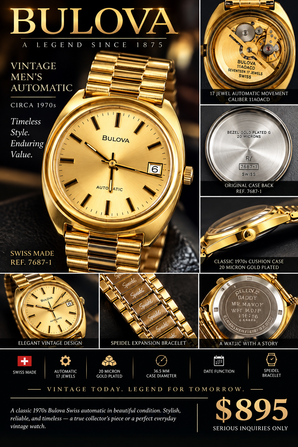 Vintage 1970s Bulova Swiss Automatic Men’s Watch – 17 Jewels – 20 Micron Gold Plated – Ref. 7687-1 Inventory #665