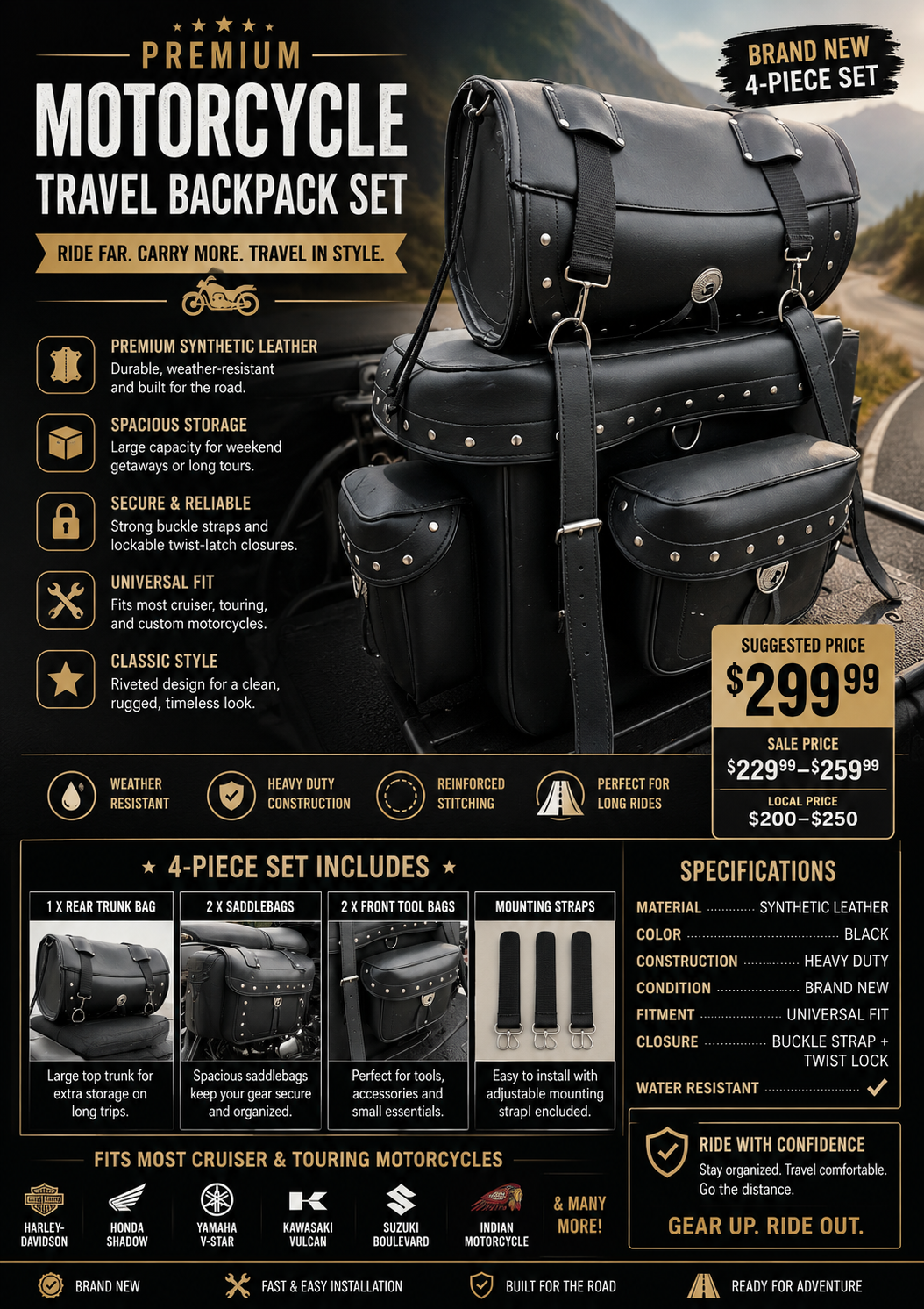 Premium 4-Piece Motorcycle Touring Luggage Set – Black Leather Look