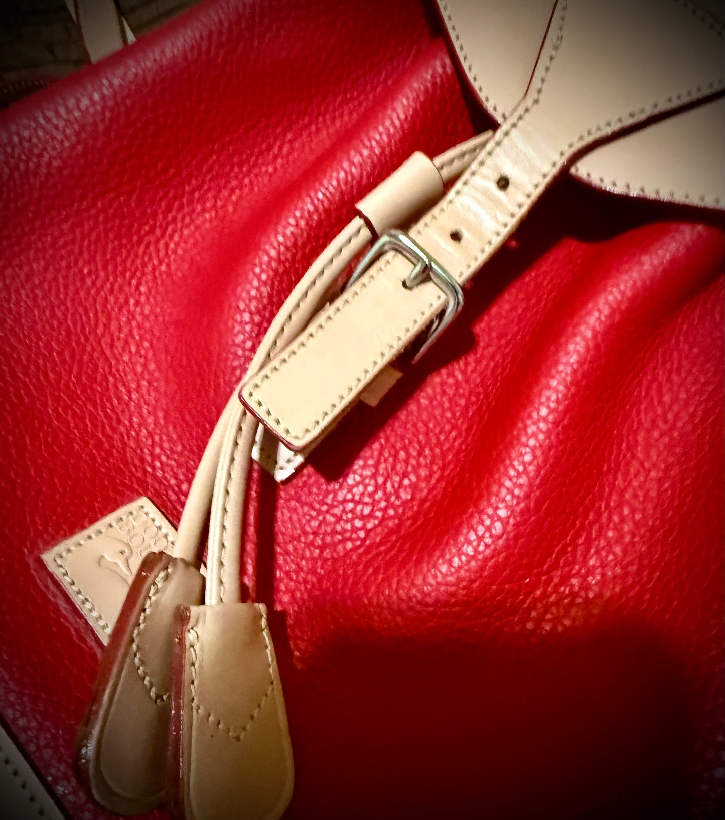 Candy Apple Red All Weather Leather Dooney Backpack Red and Beige beautiful Two tone Made in USA